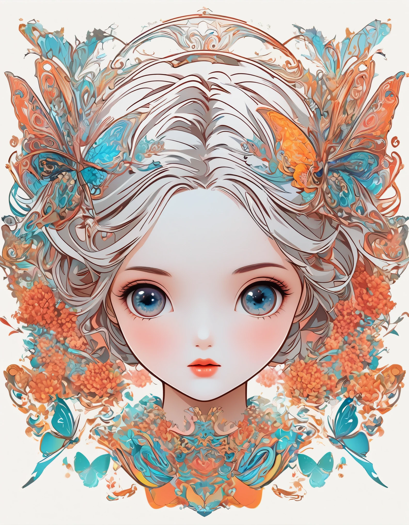 girl，portrait，vector art，vector art：1.2，floral pattern：1.1，geometric elements，sharp lines，X-ray，neon color，beautiful eyes，color palette，line art，Hair and butterfly transformation，Symmetrical balance，Fantasy elements，dreamy atmosphere，Geometric symmetry，soft light，ethereal，White background，Moderate：digital illustration。