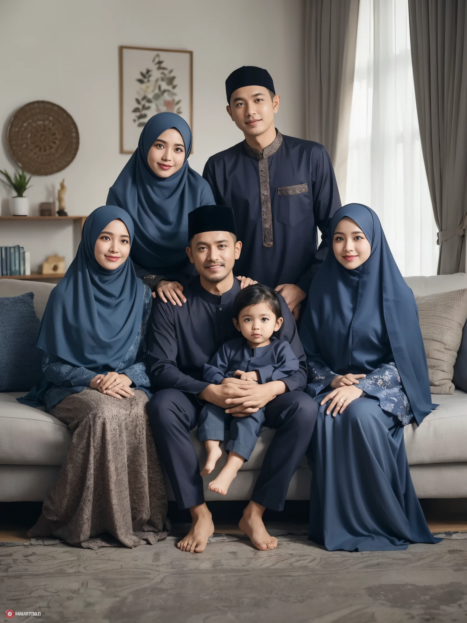 foto keluarga indonesia, enam anggota. tiga wanita dan satu anak laki laki usia 5 tahun duduk di sofa, dua pria usia 45 tahun wajah bersih berdiri. mereka kompak memakai baju muslim dan gamis warna navy yang sama dan selaras, profesional , background ruang tamu cerah dengan hiasan islami, saling merangkul, foto studio, profesional, detail, ultra HD, 8k. 