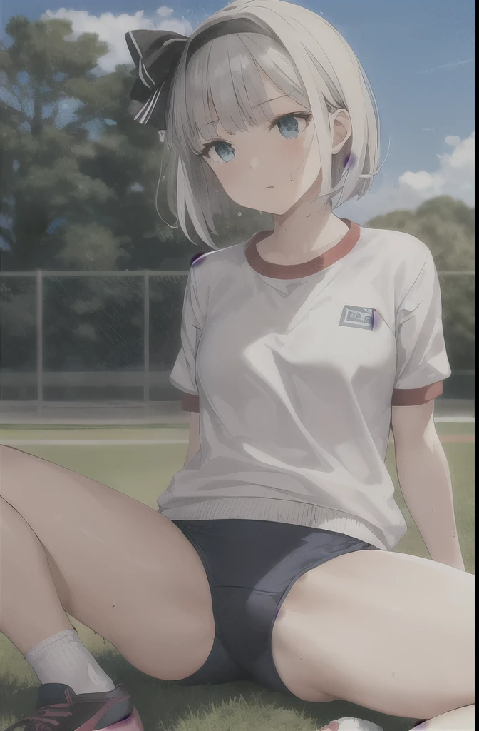 1 girl,alone,Youmu,white shirt,white socks, Gym suit,Dark blue bloomers, sports shoes, sitting, spread legs,schoolyard,outdoor, blue sky,Sweat, front elevation
break
(masterpiece, highest quality,Super detailed,)