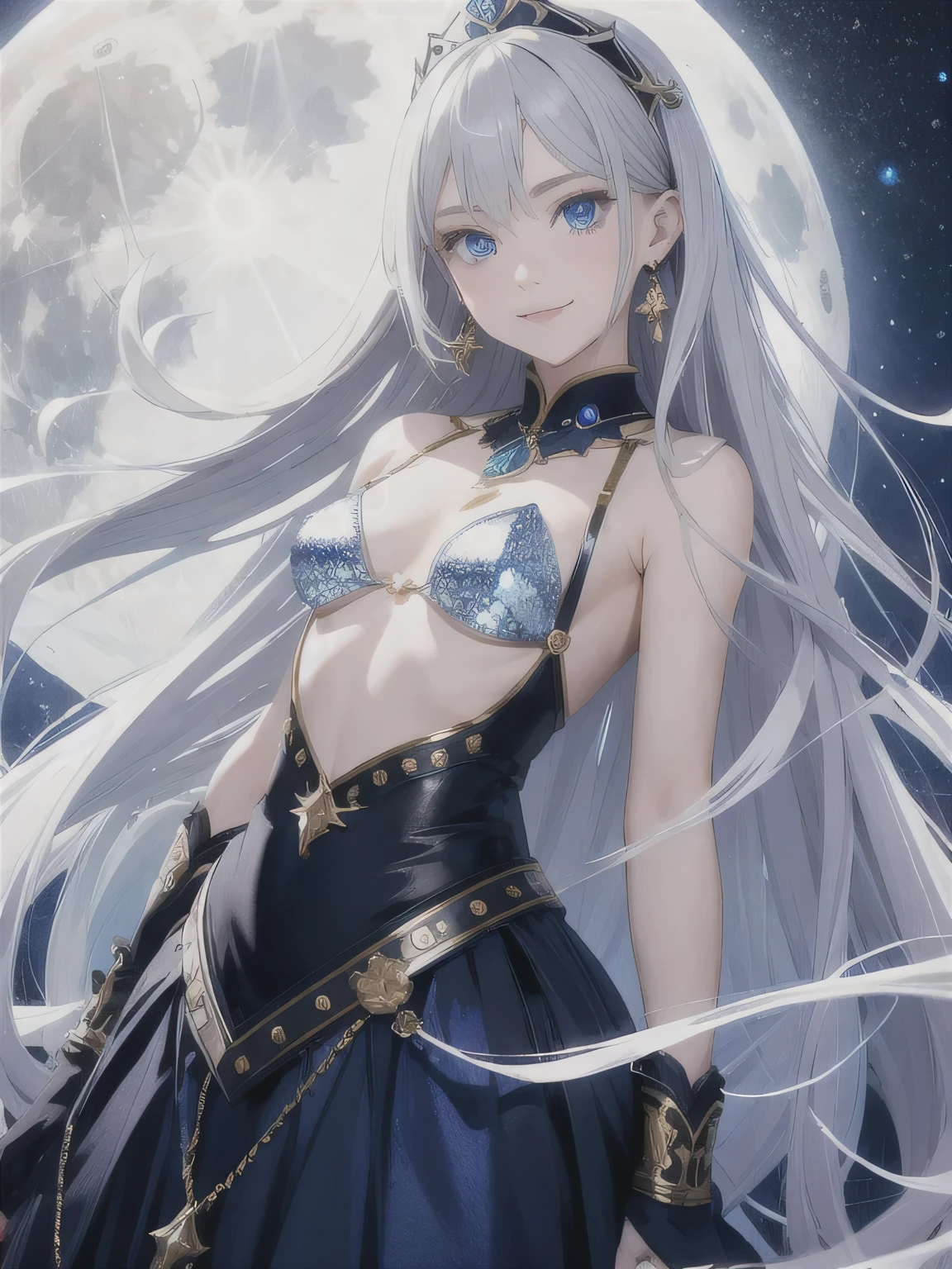 (masterpiece), highest quality, blue eyes, light gray hair,(long straight hair)、expressive eyes,mysterious sight , highlight, dramatic lights,、Outfit studded with blue jewel accessories、earrings、smiling expression、((small breasts))、Against the background of the big moon in the night sky、full body
