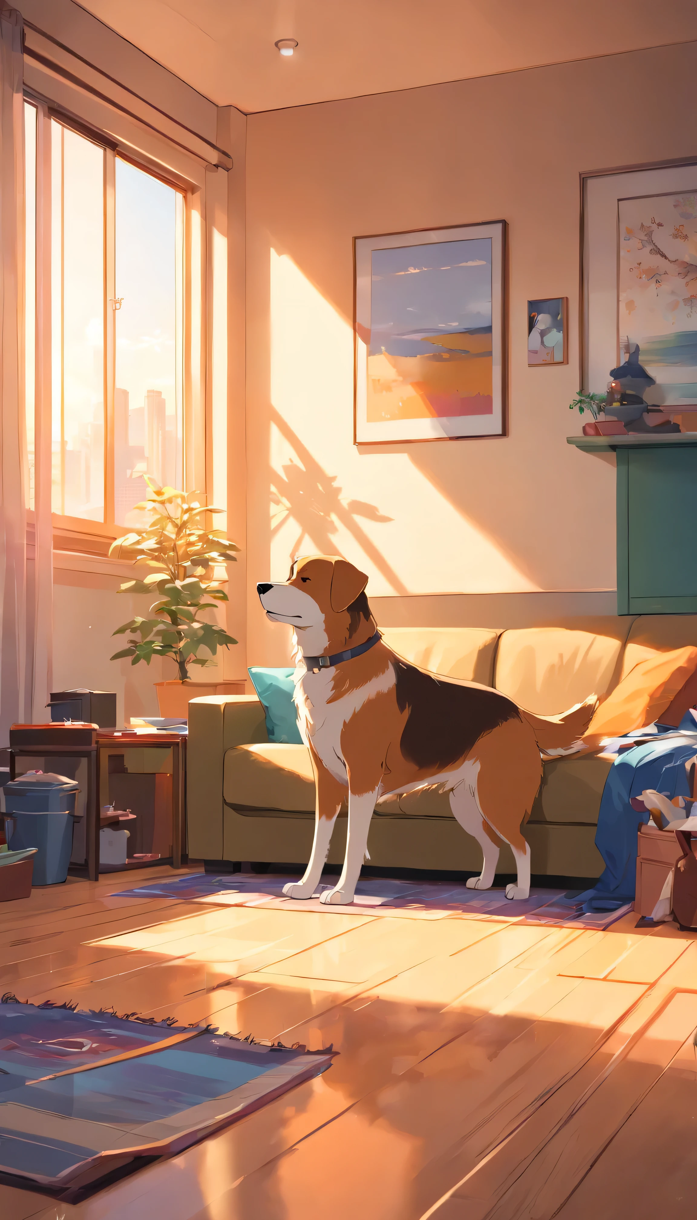 a dog in the apartment,living room sofa,modern furniture,A coffee table in the middle,floor,garbage can