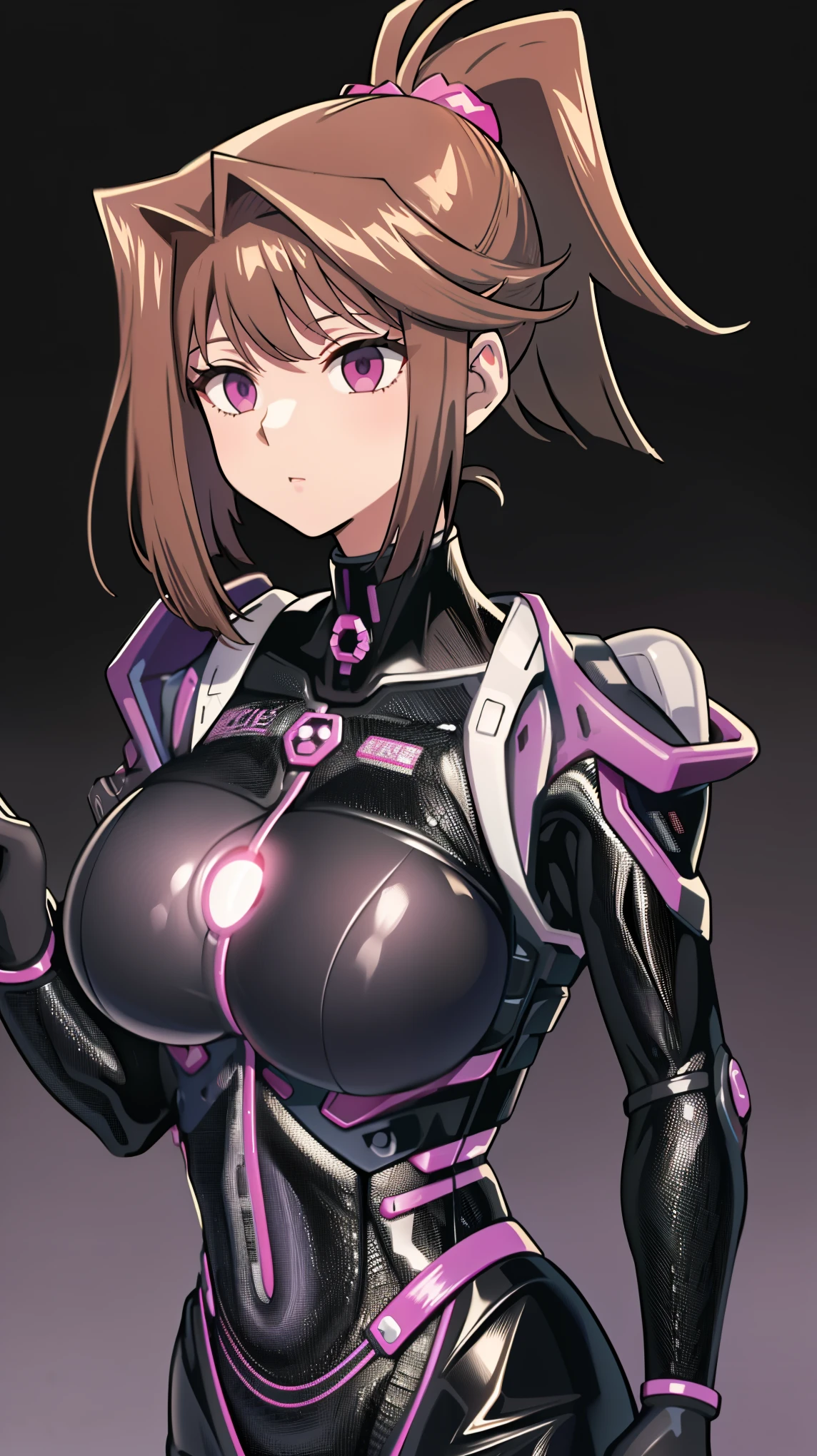 1 girl,NSFW,  Kyoko Masaki,(Yu-Gi-Oh),AnzuDef,short hair, brown hair, hair ornament, high ponytail, ponytail,huge breasts, clavicle, Glowing purple eyes,absurd, brainwashing,empty eyes, ((No expression,erasure of emotions)), (black latex tight bodysuit),look away , full body figure,((stand up, salute)), (highest quality、4k、8K、High resolution、must have:1.2)、Super detailed、(reality、reality的なです、reality的な:1.37)、ticker、hyper hd、studio lighting、ultra definition paint、sharp focus、Physically based rendering、extreme details、Professional specifications、vibrancy and color、blurry、sports portrait、landscape、horror style、anime big breast、SF、photograph、concept artist、five fingers, perfect body,  {{{masterpiece}}}, {{{highest quality}}}, {{Super detailed}}, {shape}, {{very delicate and beautiful}},Improved cost performance、all roles、Canon 5D MK4でphotograph、photograph, 