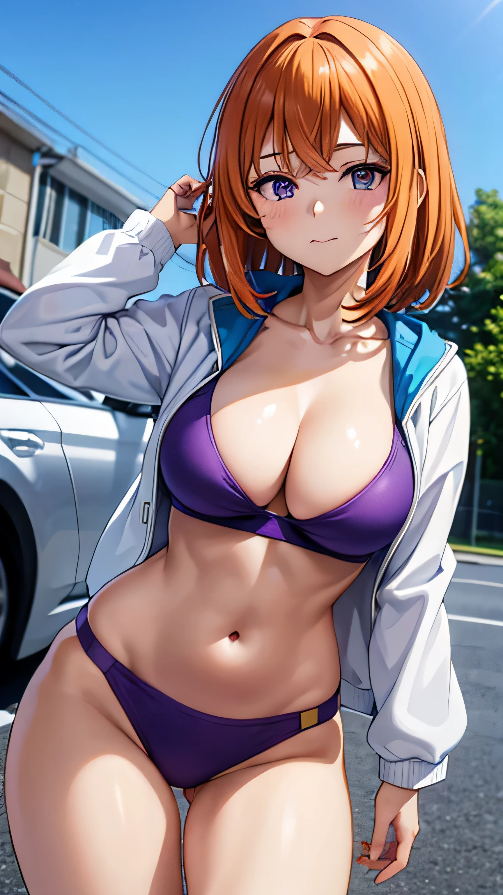 (((masterpiece))),fuyumi itadori, Anime girl characters, 1girl, solo, looking at viewer, medium hair,orange hair,purple eyes, long sleeves, cleavage, bigger breasts, closed mouth, collarbone, jacket, open clothes, open jacket, blue jacket, ground vehicle, sports bra, tall girl, horny, big ass, beautiful face,Charming, Tight-fitting clothing, hd picture, 4k quality, details of the face is so good, 