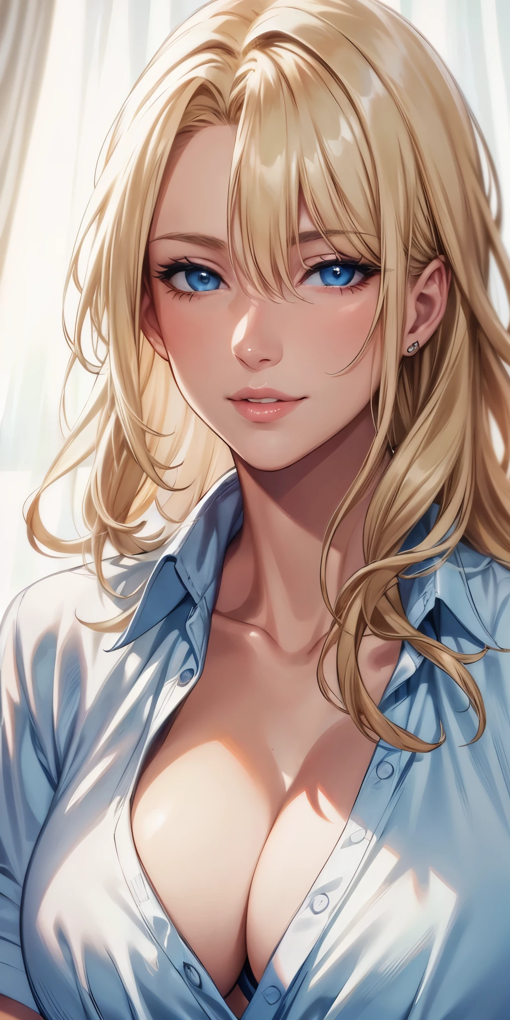 portrait, realistic, blue eyes, blonde hair, 4k resolution, high quality cg, beautiful cg, soft light, smiling 