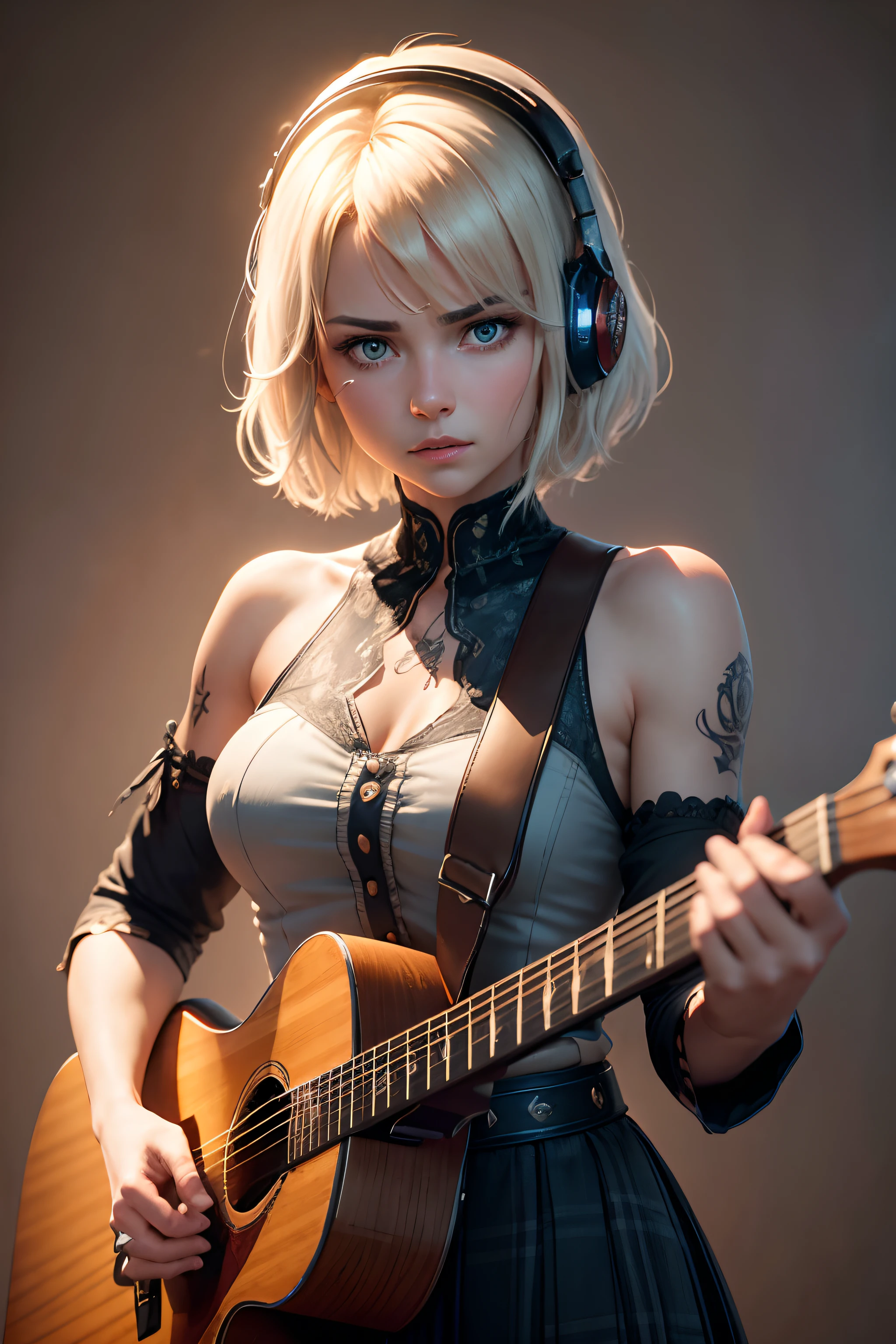 😄high resolution, Sombras, absurdo, Melhor qualidade, ultra detalhado, 8k, extremamente claro, fotografia, lindo, sharp focus, HDR, a cute pop singer with short hair and symmetrical watery olhos holds a guitar and sings with headphones, her lindo neck and arms tattooed with runes, Wear a pleated skirt and a dynamic angle, capturado em um tiro de cowboy altamente detalhado, exuding a melancholy emotion, apresentando tons suaves e uma mistura contrastante de luz e sombra, tudo isso enquanto enfatiza o cabelo, olhos, a boca e o rosto. action of the subject in a composition that is both striking and stimulating.🥹