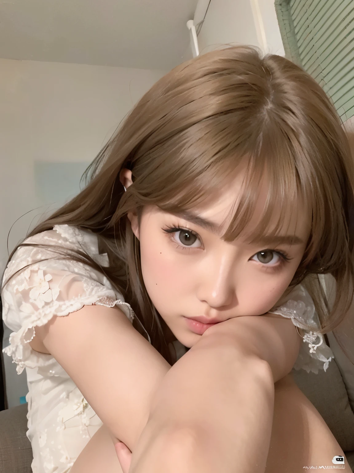 a close-up of a woman with long hair sitting on a sofa, Lalisa Manobal, ulzzang, Lalisa Manoban de Blackpink, el corte de hime, sakimichan, brown bangs, muchacha coreana, con flequillo, jossi de blackpink, flequillo esponjoso, peinado de corte hime blanco, flequillo con raya al centro, neat hair con flequillo