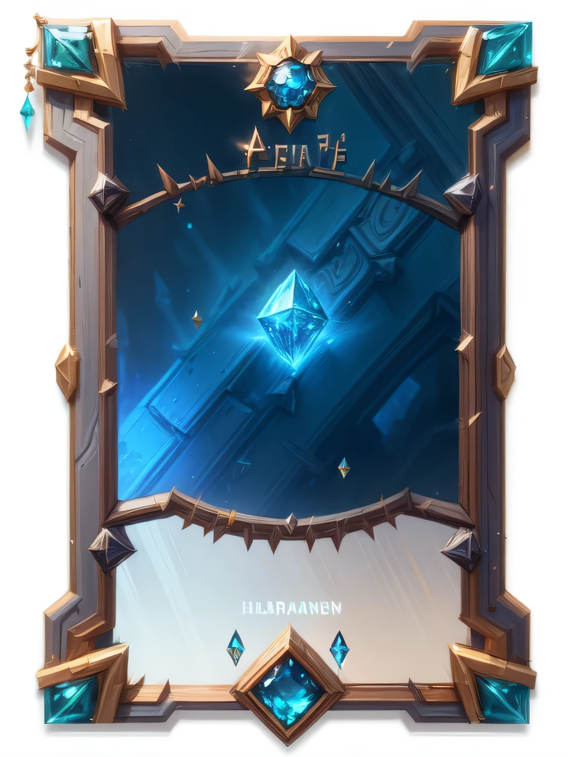 Close up of a blue and brown mirror frame with diamonds, ornate border + concept art, game Card rack, Heart Stone original art style, in Hearthstone art style, Hearthstone art style, Card rack, blizzard hearthstone concept art, Hearthstone card art, user interface card, Blue border, Game coverage, Internal stylized border, Hearthstone color styles, hearthstone concept art