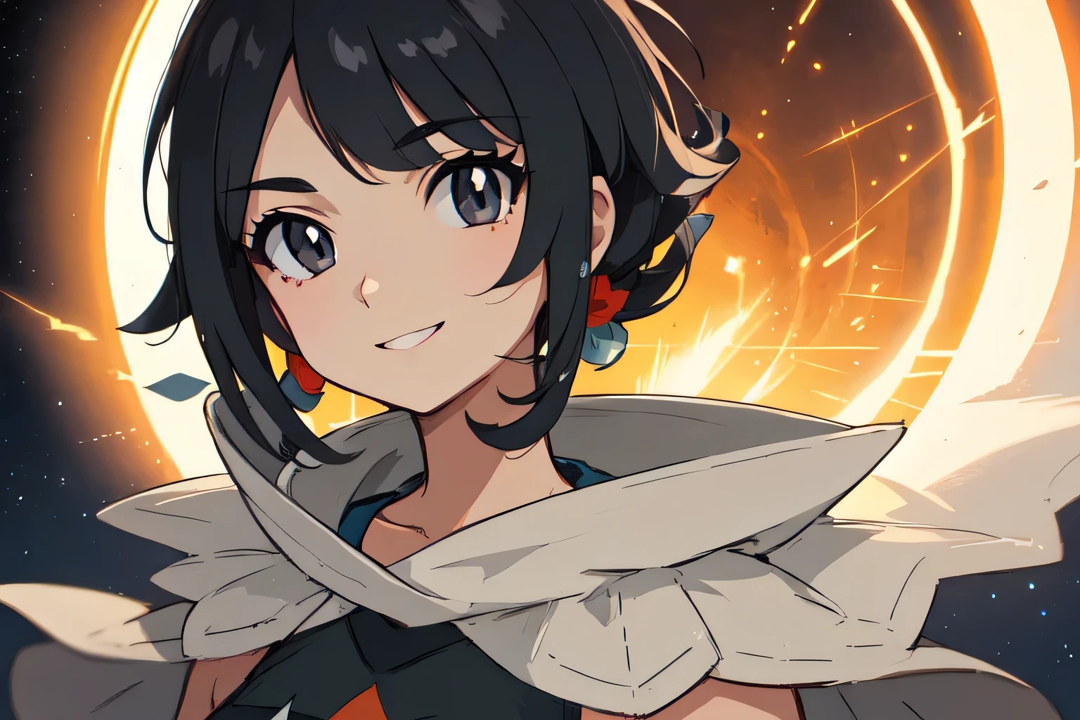 zinnia \(pokemon\) , black eyes, grey shorts, black shirt, sleeveless, cape, nightsky , guard rail ,moon,   best quality, (extremely detailed:1.4)  ,illustration, mysterious, vivid_color, shiny,, Dynamic actions , Lens perspective  , volumetric lighting , detailed eyes, hyper detailed ,  beautiful, small details, ultra detailed, intricate, 4k, 8k, good ???????, beautiful lighting, smiling