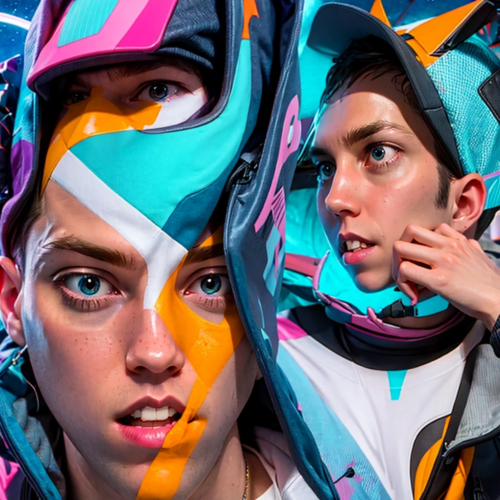 coopie, 1boy, a guy merging into a geometric pattern, flat 2d design, abstract style, non-realistic, Surrealism, Futurism, Abstract expressionism, super detail, best quality, 8k, high key lighting, psychedelic vibes, bizzare composition