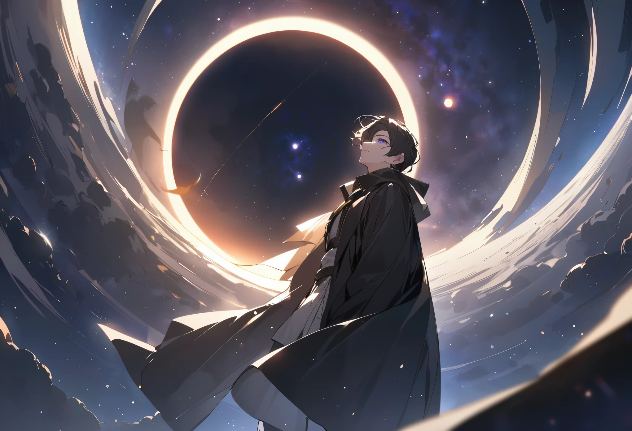 Masterpiece, highres, solo, male, dark orange, purple eyes, solar eclipse, black cloak, dark clothes, galaxies, ray trancing, from below