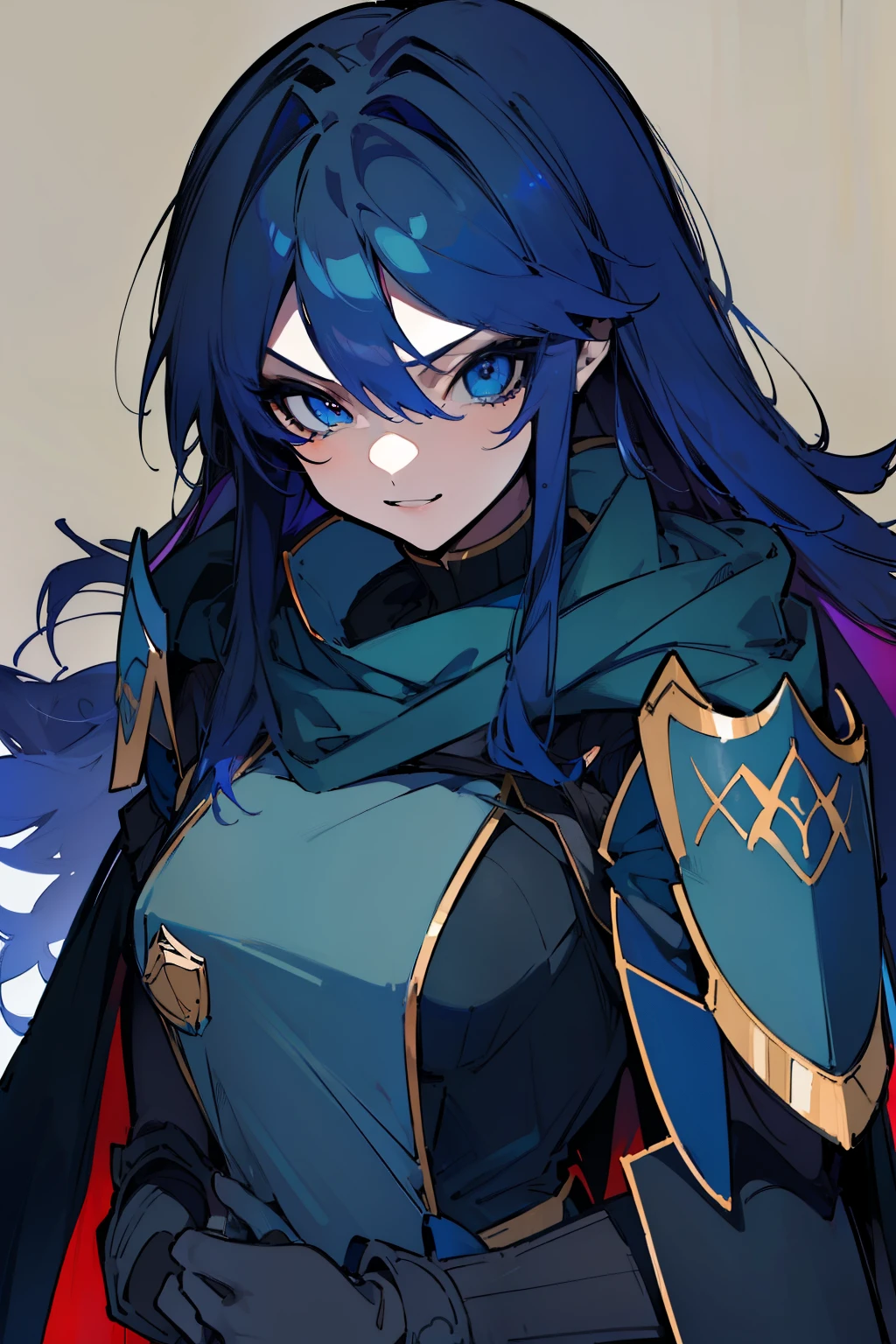 (highest quality、masterpiece:1.2), solo、1 girl, Lucina, (Dark blue armor、scarf、cloak), (blue long hair),one hand is on the waist, cool woman, ((a ferocious look、vulgar smile)), elegant、attractive、Sexy、Beautiful and well-shaped face、beautiful eyes、beautiful hair、smooth skin、beautiful mouth