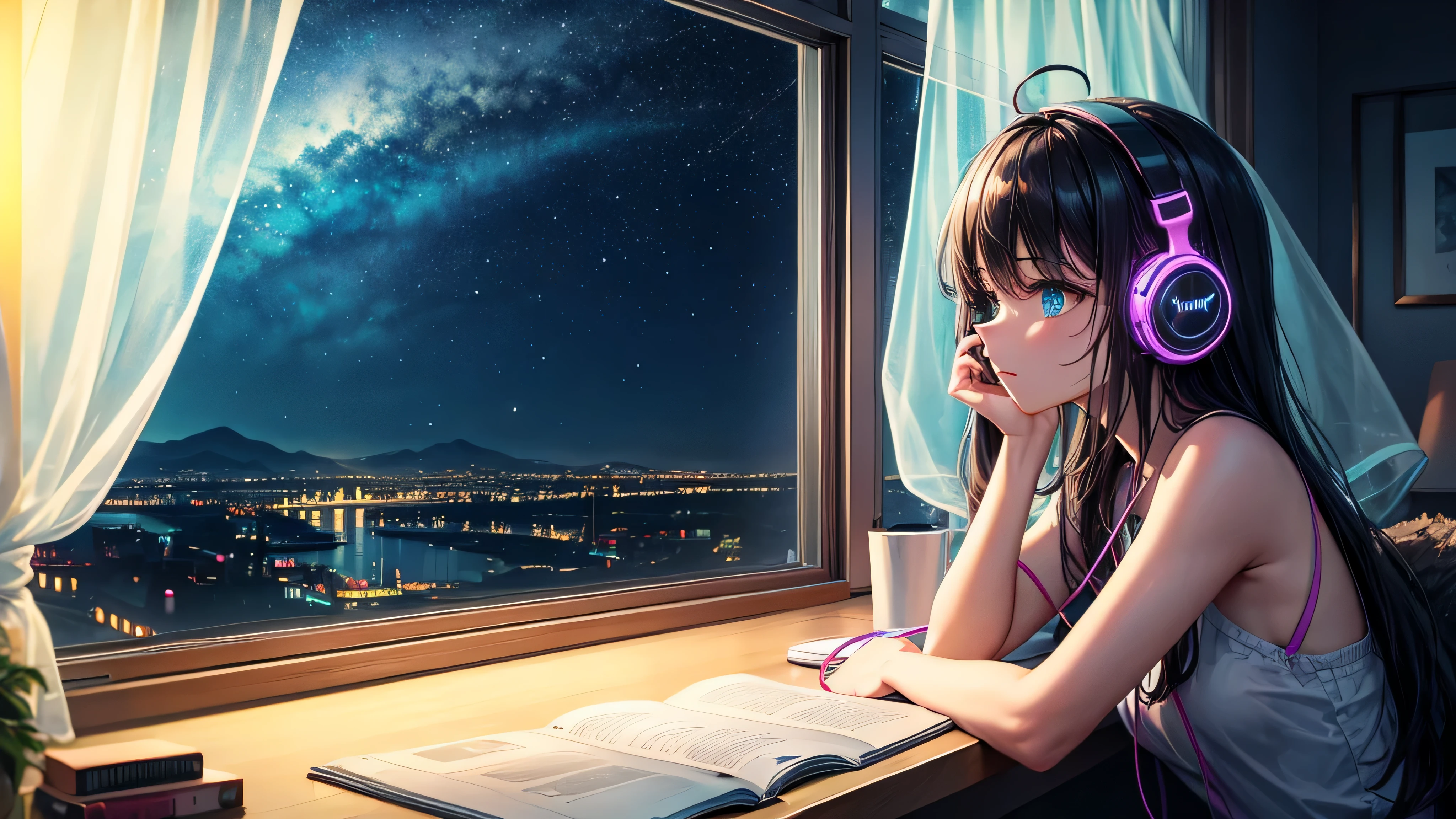 Relax with headphones on　Night neon landscape by the window　woman

