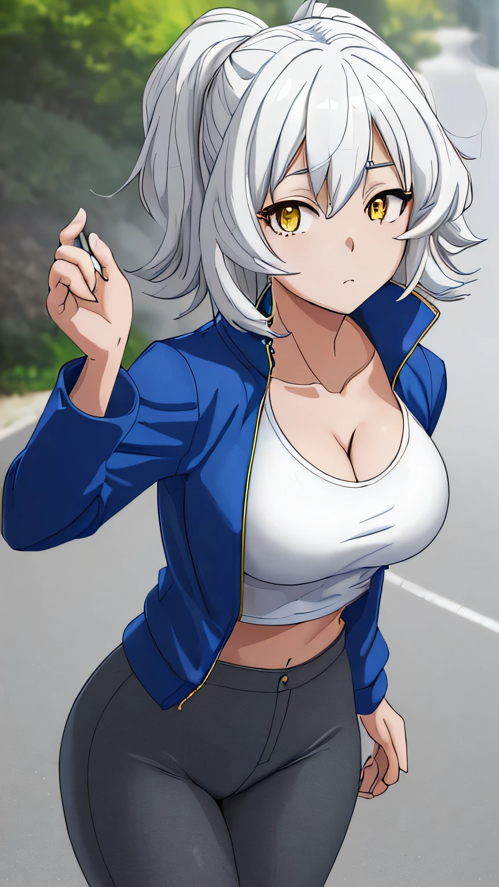 (((masterpiece))),fuyumi itadori, Anime girl characters, 1girl, solo, looking at viewer, medium hair, white hair,yellow eyes, long sleeves, cleavage, bigger breasts, closed mouth, collarbone, jacket, open clothes, open jacket, blue jacket, ground vehicle, sports bra, tall girl, horny, big ass, beautiful face,Charming, Tight-fitting clothing, hd picture, 4k quality, details of the face is so good, 