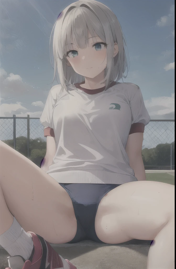 1 girl,alone,Youmu,white shirt,white socks, Gym suit,Dark blue bloomers, sports shoes, sitting, spread legs,schoolyard,outdoor, blue sky,Sweat, front elevation
break
(masterpiece, highest quality,Super detailed,)