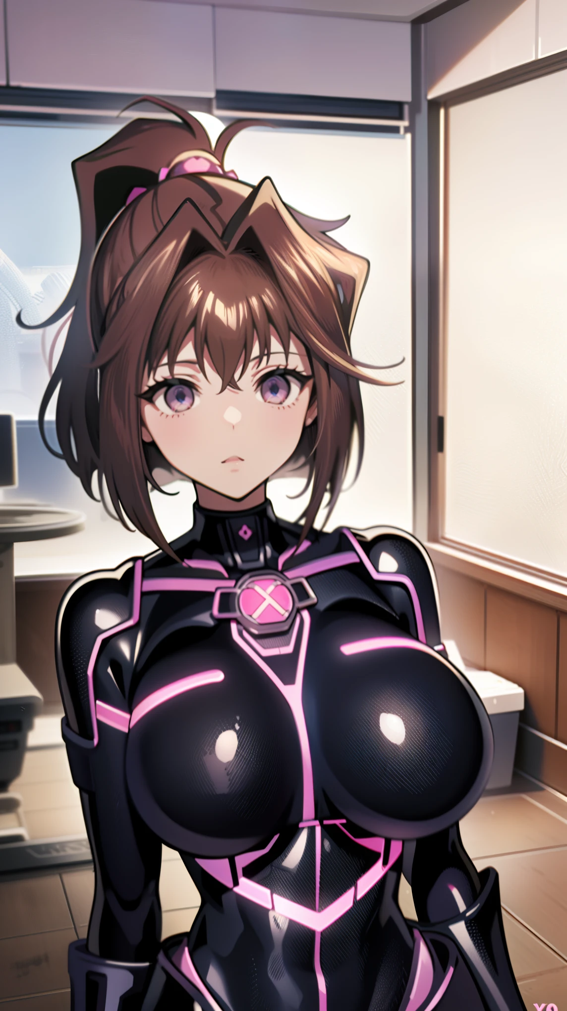 1 girl,NSFW,  Kyoko Masaki,(Yu-Gi-Oh),AnzuDef,short hair, brown hair, hair ornament, high ponytail, ponytail,huge breasts, clavicle, Glowing purple eyes,absurd, brainwashing,empty eyes, ((No expression,erasure of emotions)), (black latex tight bodysuit),look away , full body figure,((stand up, salute)), (highest quality、4k、8K、High resolution、must have:1.2)、Super detailed、(reality、reality的なです、reality的な:1.37)、ticker、hyper hd、studio lighting、ultra definition paint、sharp focus、Physically based rendering、extreme details、Professional specifications、vibrancy and color、blurry、sports portrait、landscape、horror style、anime big breast、SF、photograph、concept artist、five fingers, perfect body,  {{{masterpiece}}}, {{{highest quality}}}, {{Super detailed}}, {shape}, {{very delicate and beautiful}},Improved cost performance、all roles、Canon 5D MK4でphotograph、photograph, 