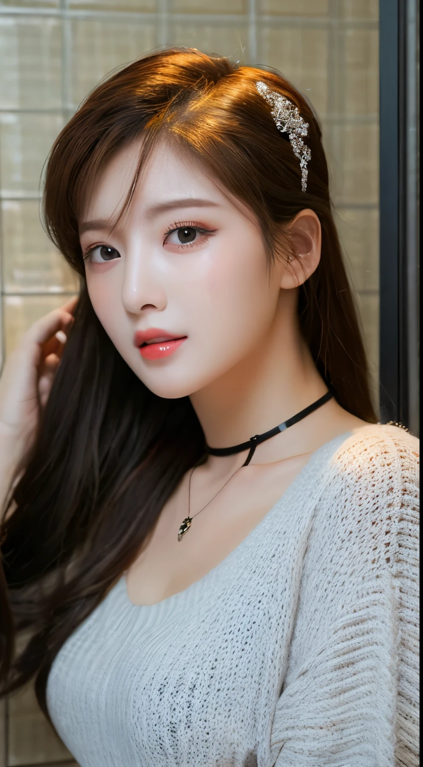 best qualtiy， ultra high resolution， （realisticlying：1.4），cute hairpin，1girll，,Cropped black sweater ，A pair of peach blossom eyes，Full of atmosphere，Beautiful woman with a slim figure:1.4, Abs:1.1, bathroom,Ultra-fine face，Elaborate Eyes，double eyelid，choker necklace