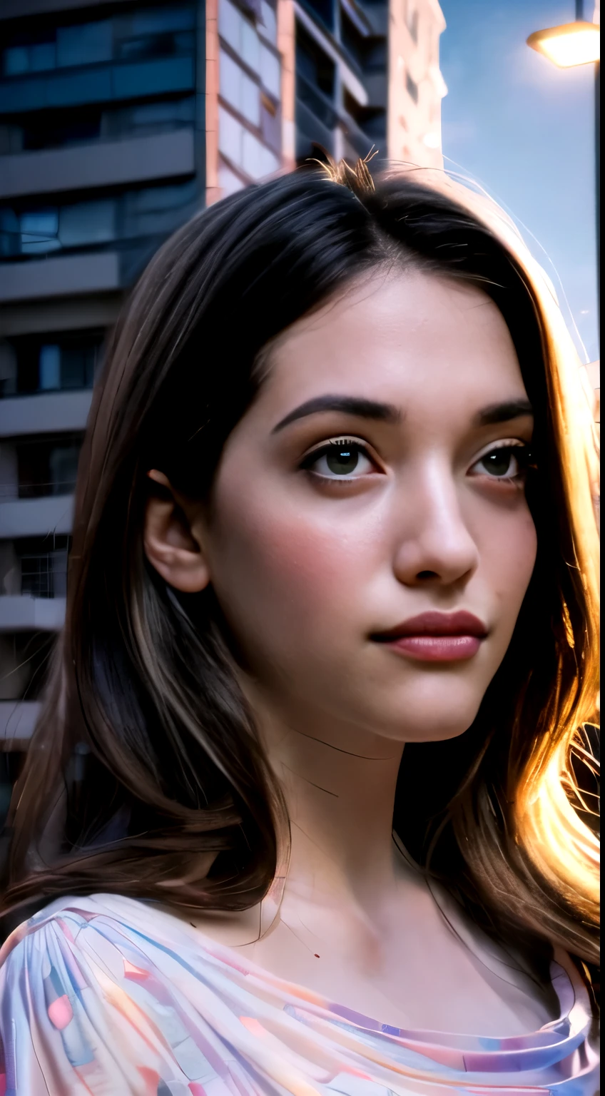 photo of Kat Dennings, RAW, beautiful woman, ((portrait)), ((detailed face:1.2)), ((detailed facial feature, detailed skin, clear skin), (perfect proportioned body), (wearing a colorful dress) (high detailed city environment, apartment balcony), (realistic photo, best quality, detailed), (8k wallpaper), (cinematic lighting, dramatic lighting) (sharp focus, intricate)