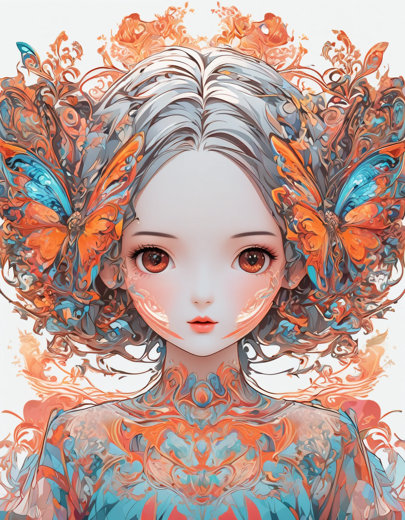 girl，portrait，vector art，vector art：1.2，floral pattern：1.1，geometric elements，sharp lines，X-ray，neon color，beautiful eyes，color palette，line art，Hair and butterfly transformation，Symmetrical balance，Fantasy elements，dreamy atmosphere，Geometric symmetry，soft light，ethereal，White background，Moderate：digital illustration。