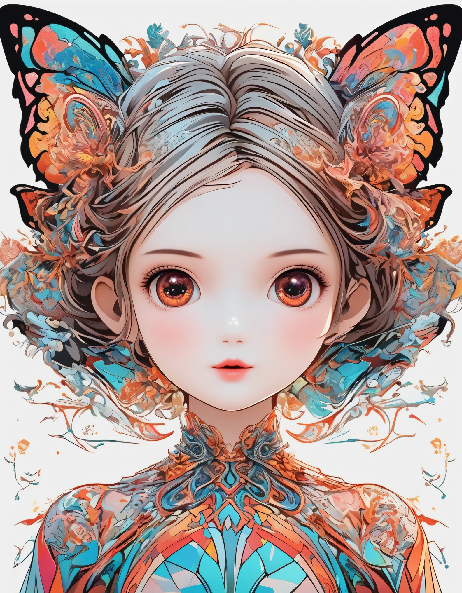 girl，portrait，vector art，vector art：1.2，floral pattern：1.1，geometric elements，sharp lines，X-ray，neon color，beautiful eyes，color palette，line art，Hair and butterfly transformation，Symmetrical balance，Fantasy elements，dreamy atmosphere，Geometric symmetry，soft light，ethereal，White background，Moderate：digital illustration。