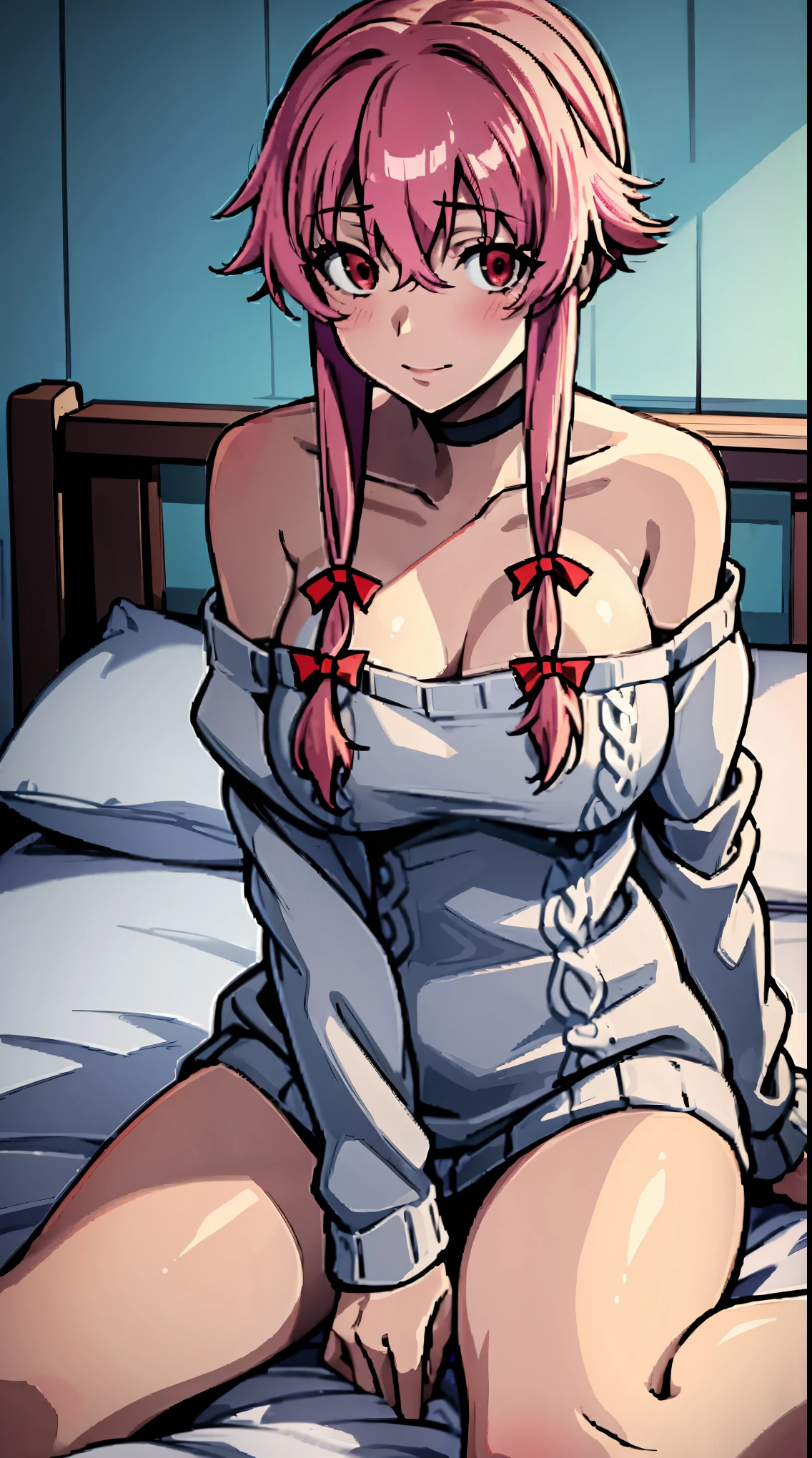 gasai yuno, ((masterpiece)), best quality,1girl, breasts, sweater, off shoulder, (off-shoulder sweater:1.5), cleavage, pink hair, long hair, (large breasts:1.5), bare shoulders, solo, smile, looking at viewer, collarbone, on bed, choker, sitting, sweater dress, braid, blush, thighs, red eyes, bed, sidelocks, aran sweater, bed sheet, black choker,
