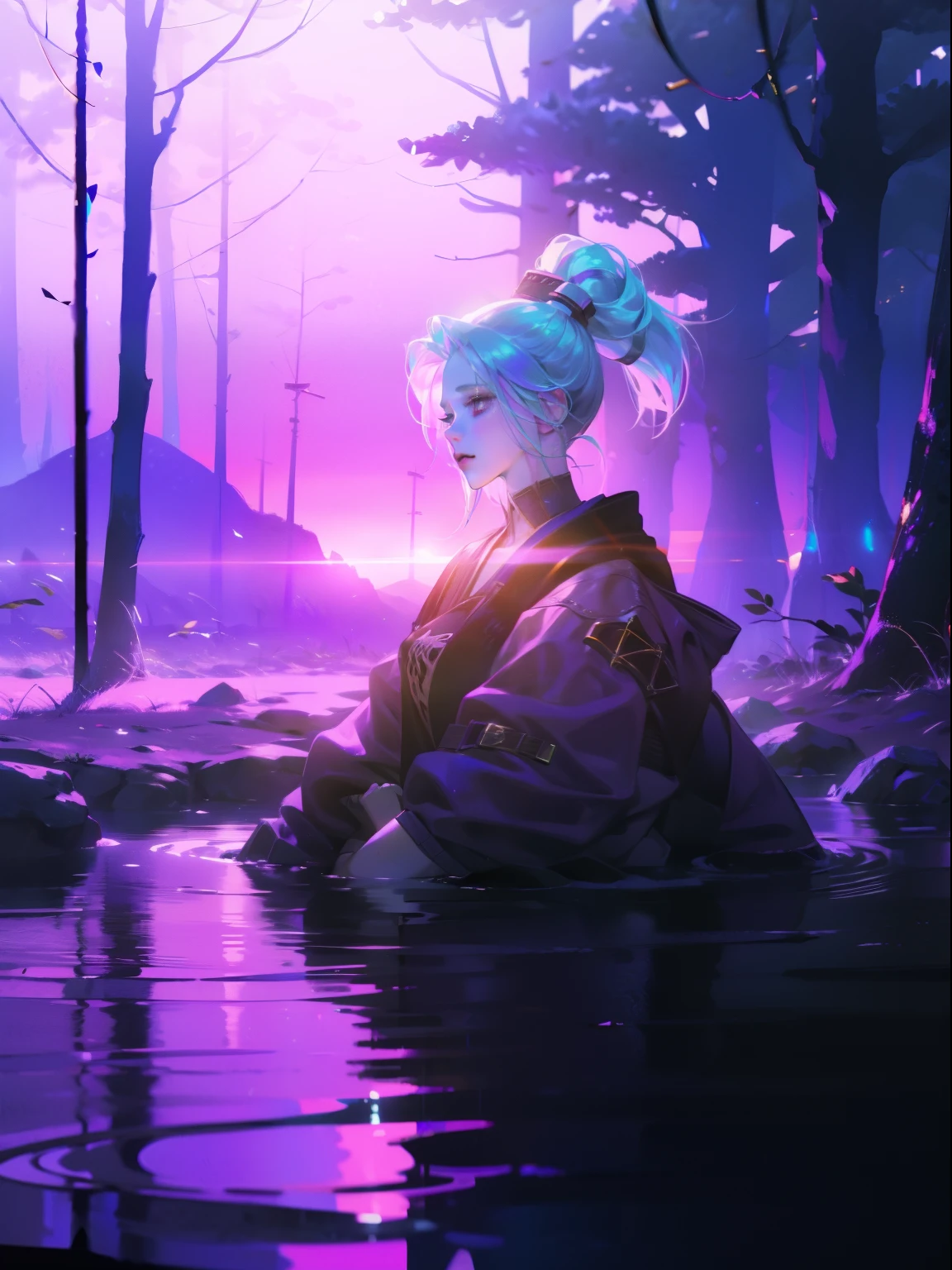 maozonia indigenous girl, 18 years old, bathing in a river, in the middle of the forest, a jaguar watching from afar, sad, Clockpunk, Gamercore, street level view, Blender rendering, 100mm, Sculpture, iridescent colors, Medicalcore, strobe lighting, ultra realistic, photorealistic, octane render, unreal engine, hyper detailed, volumetric lighting, hdr, octane render, fantasy 4k 8K