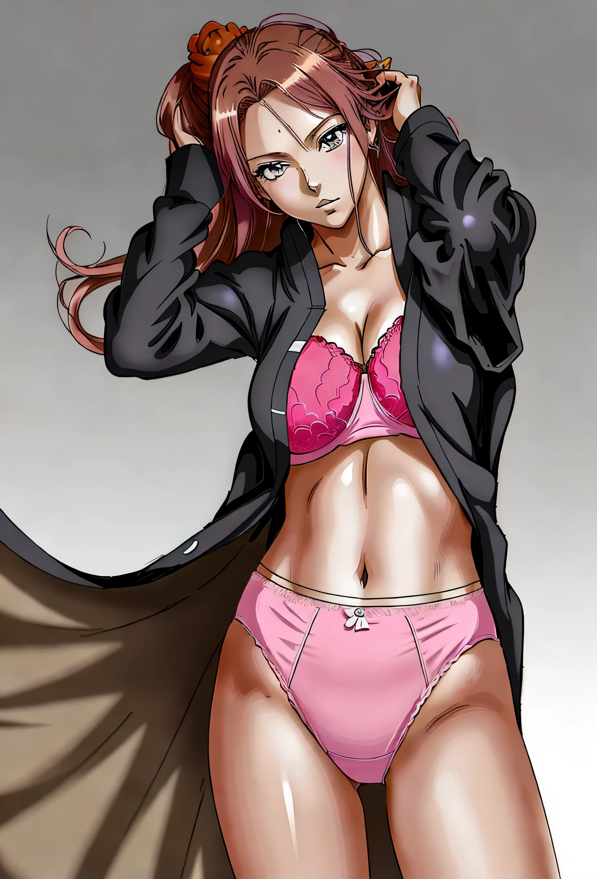 ((masterpiece, best quality)), ((29 year old)), (((Curvy))), ((Rangiku from Bleach)), ((Caucasian woman with long brunette hair)), adjusting hair, ((pink high cut cotton panties)), pink bra, black kimono, Blue eyes, ((((anime art style))))