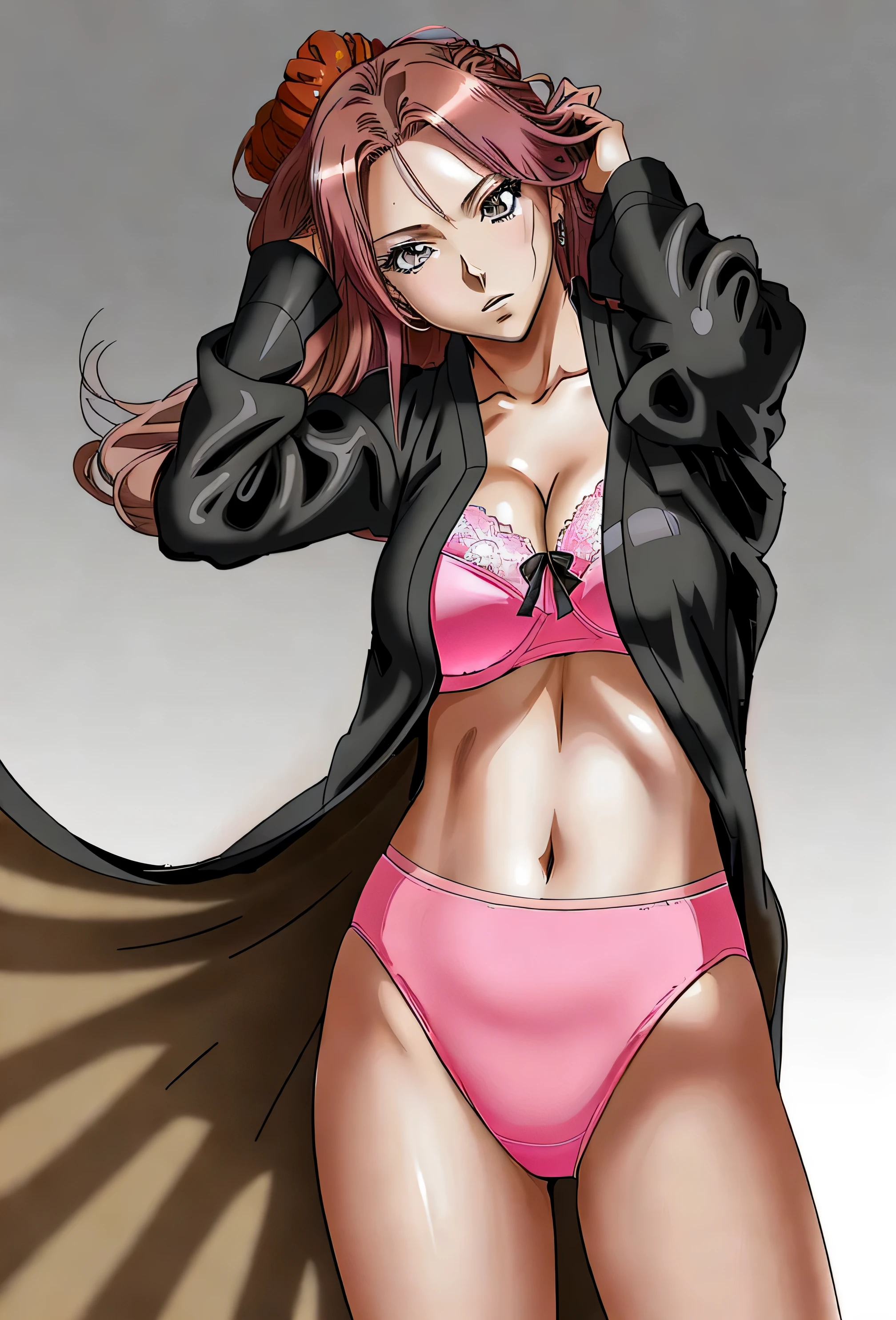 ((masterpiece, best quality)), ((29 year old)), (((Curvy))), ((Rangiku from Bleach)), ((Caucasian woman with long brunette hair)), adjusting hair, ((pink high cut cotton panties)), pink bra, black kimono, Blue eyes, ((((anime art style))))