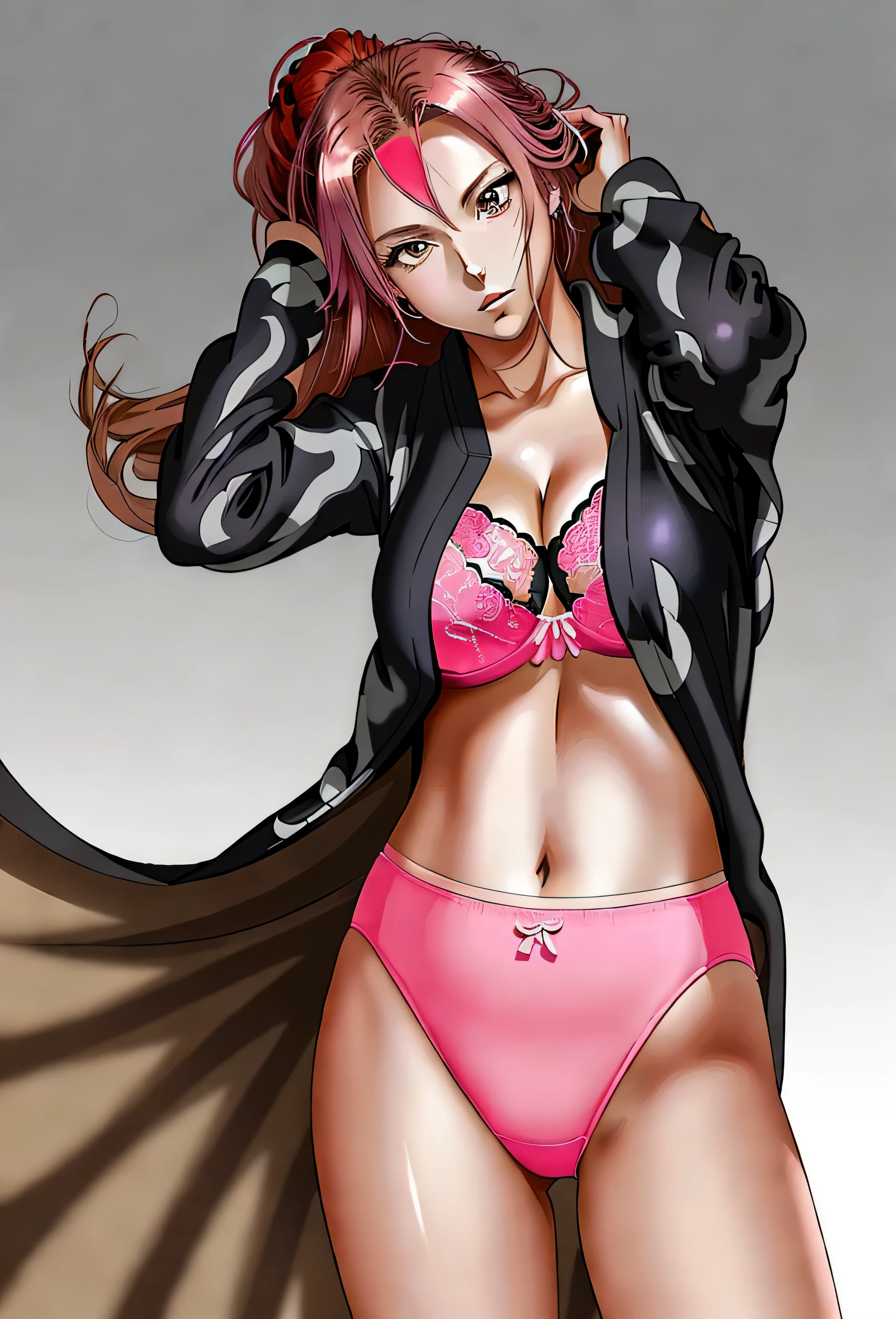 ((masterpiece, best quality)), ((29 year old)), (((Curvy))), ((Rangiku from Bleach)), ((Caucasian woman with long brunette hair)), adjusting hair, ((pink high cut cotton panties)), pink bra, black kimono, Blue eyes, ((((anime art style))))