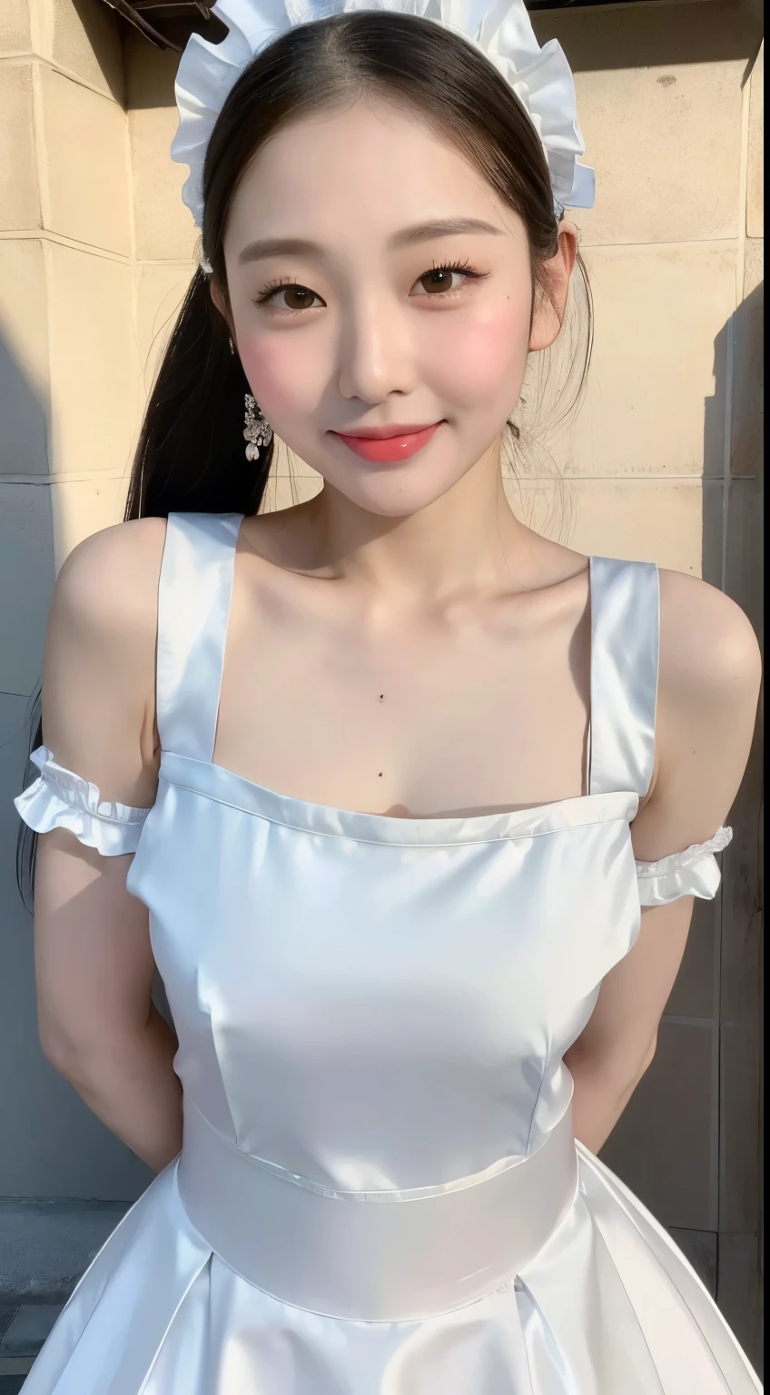 (1 Korean girl), ((best quality, 8k, masterpiece: 1.3)), Focus: 1.2, Perfect body beauty: 1.4 , (smile), (Street: 1.3), Highly detailed face and skin texture, Fine eyes, Double eyelids, Whitening skin, (Bobo head: 1.3), (round face: 1.5), (maid outfit: 1.4),