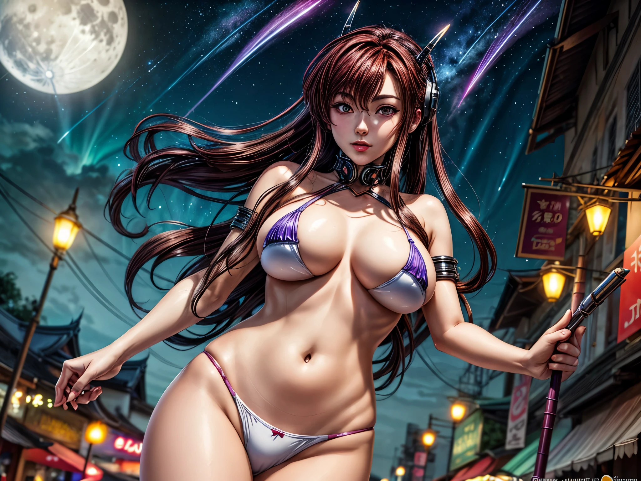 Anime - A woman with dark red hair wears a micro bikini., very big breasts, bare chest, Sexy, Arrogant demeanor, Magnificent and majestic, Steam Punk City on Background, Detailed digital anime art, Gouache style art, artgerm artgerm and wlop, Argerm style, High quality 8k detailed artwork. , There is a Cyber Punk skyscraper in the background., Aurora, Crescent moon, Many shooting stars in the sky, Loy Krathong Festival,Chiang Mai , Lanna style, night time, full moon, Many floating lanterns in the sky, Thai architecture 2D , faded picture ,vintage color, lined, Very high quality work , Very high detail , There are many types combined.... , Animation, 4k, attitude, vintage style , Thailand
