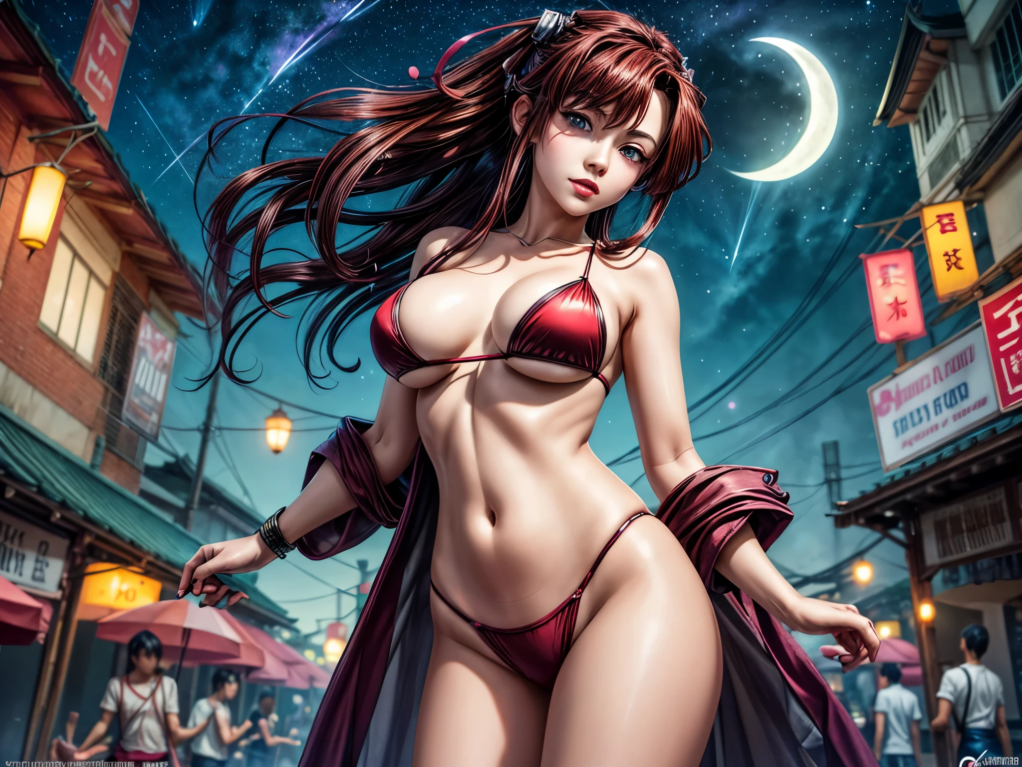 Anime - A woman with dark red hair wears a micro bikini., very big breasts, bare chest, Sexy, Arrogant demeanor, Magnificent and majestic, Steam Punk City on Background, Detailed digital anime art, Gouache style art, artgerm artgerm and wlop, Argerm style, High quality 8k detailed artwork. , There is a Cyber Punk skyscraper in the background., Aurora, Crescent moon, Many shooting stars in the sky, Loy Krathong Festival,Chiang Mai , Lanna style, night time, full moon, Many floating lanterns in the sky, Thai architecture 2D , faded picture ,vintage color, lined, Very high quality work , Very high detail , There are many types combined.... , Animation, 4k, attitude, vintage style , Thailand
