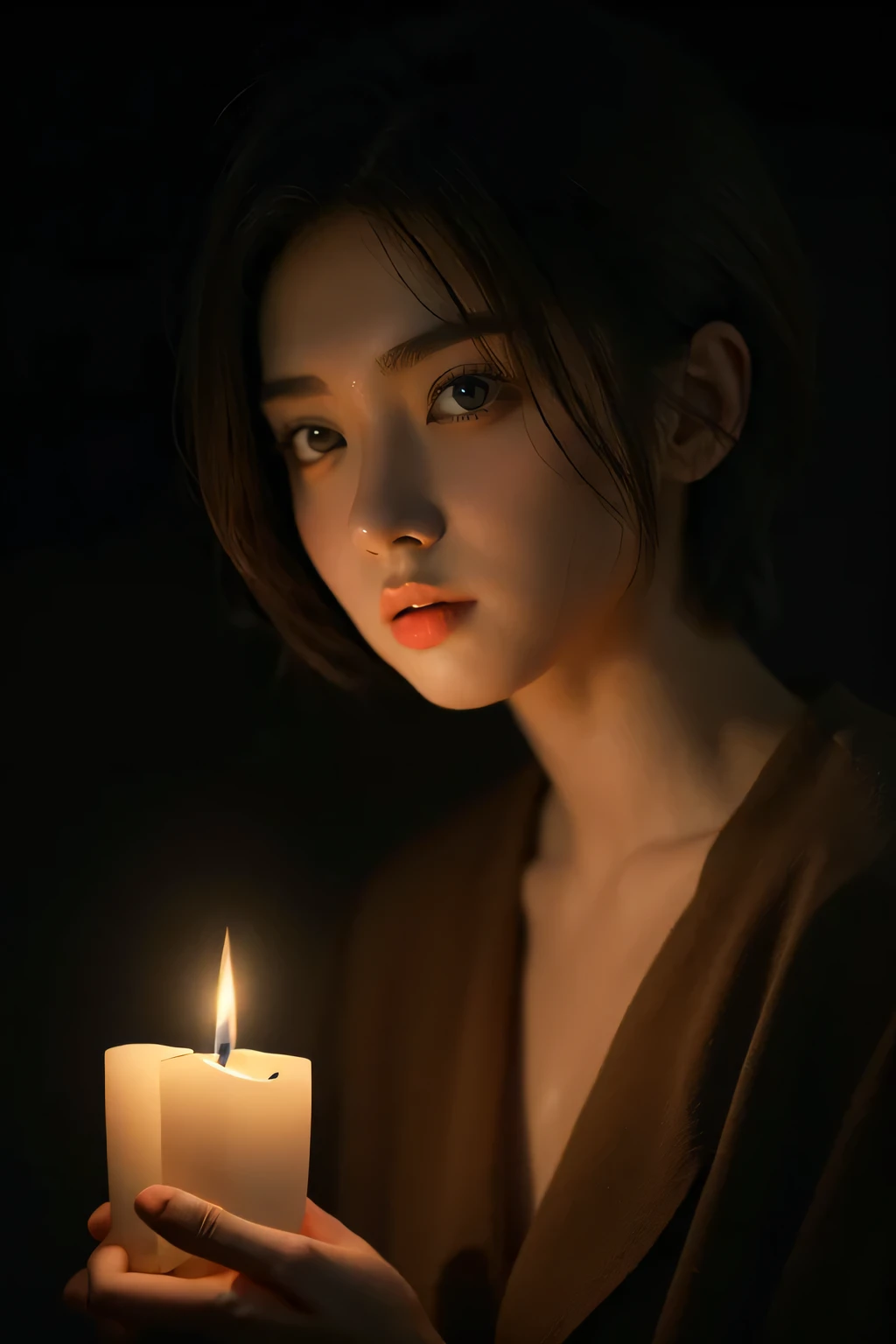 best quality, masterpiece, ultra high resolution, (In reality:1.5), RAW photographer lovely, In the darkness of the night, deep shading, low tune, cold light, sexy look, short hair,1 candle