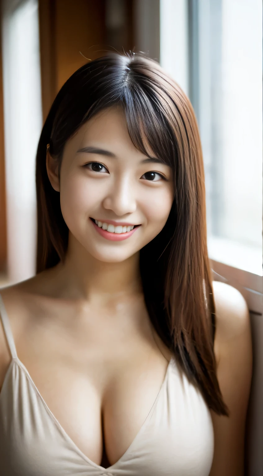 masterpiece,best quality,(Japanese ),((Beautiful girl)),cleavage,indoor,(perfect body beauty:1.2),(shy smile),beautiful teeth,