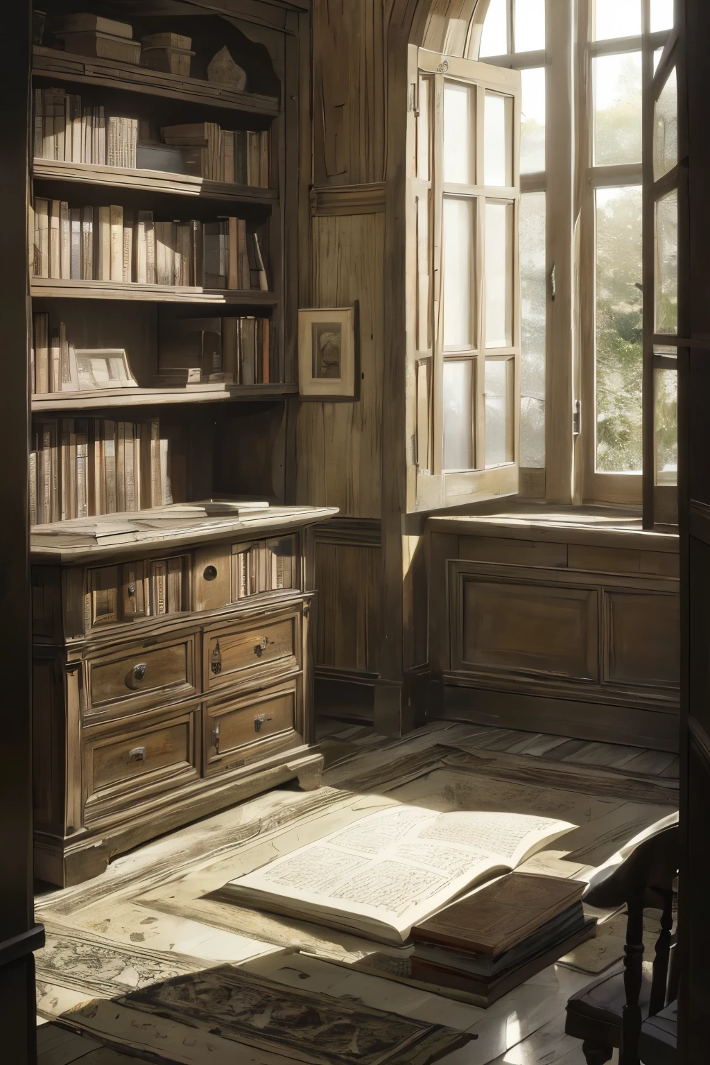 (Masterpiece: 1.3), (Max resolution: 1.2), (Ultra HDTV: 1.2), cinematographic light, 8K resolution, Detailed pages and binding, creases and worn edges, (Sharp Focus: 1.2), (Focus on Subject: 1.2), Perfectly captured old book, Ancient and weathered, Worn leather cover, Pages yellowed with age, Intricate detail in printing and illustrations, Faint smells of old ink and paper, Historic and nostalgic feel, (Creased corners: 1.2), (Dusty: 1.2), (Antique: 1