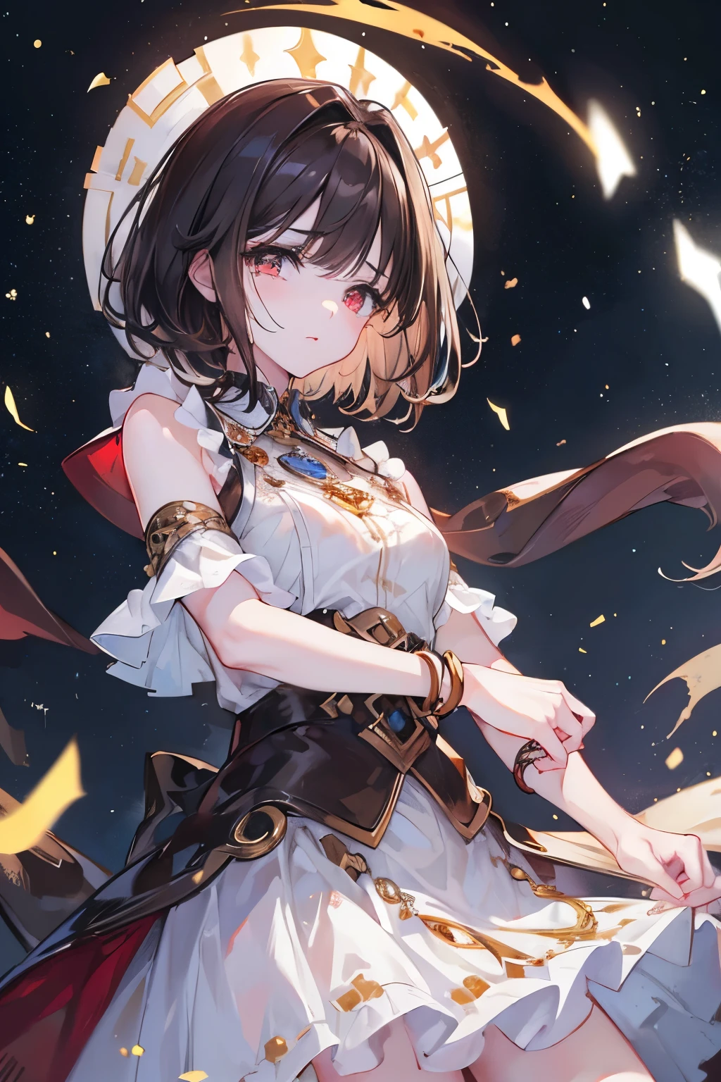 (((masterpeace))), ((8k)), (simple hands:0.5)+(detailed hands:0.7), (masterwork), (best quality), brown hair, brown eyes,1girl, pale skin, brown hair, red eyes, two tone hair, eyelashes, bracelet, crying, gleaming skin, harf wet hair, detailed and majestic stage, raining French town, short Hair, 1 girl, two-tone hair, night sky, Incredibly detailed CG illustration masterpiece, (Caucasian girl with dark brown curly hair, Betrayed、shed tears、