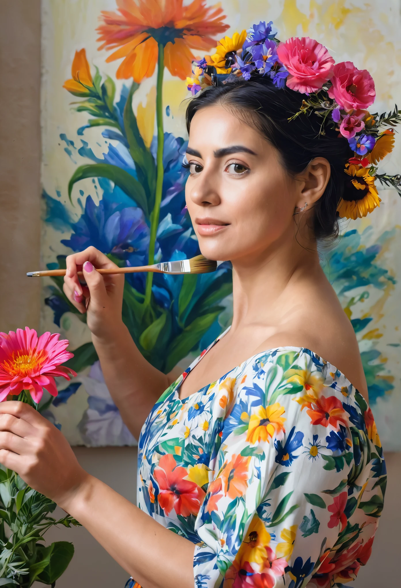 Mujer con facciones de flores tratando de salir de una pintura