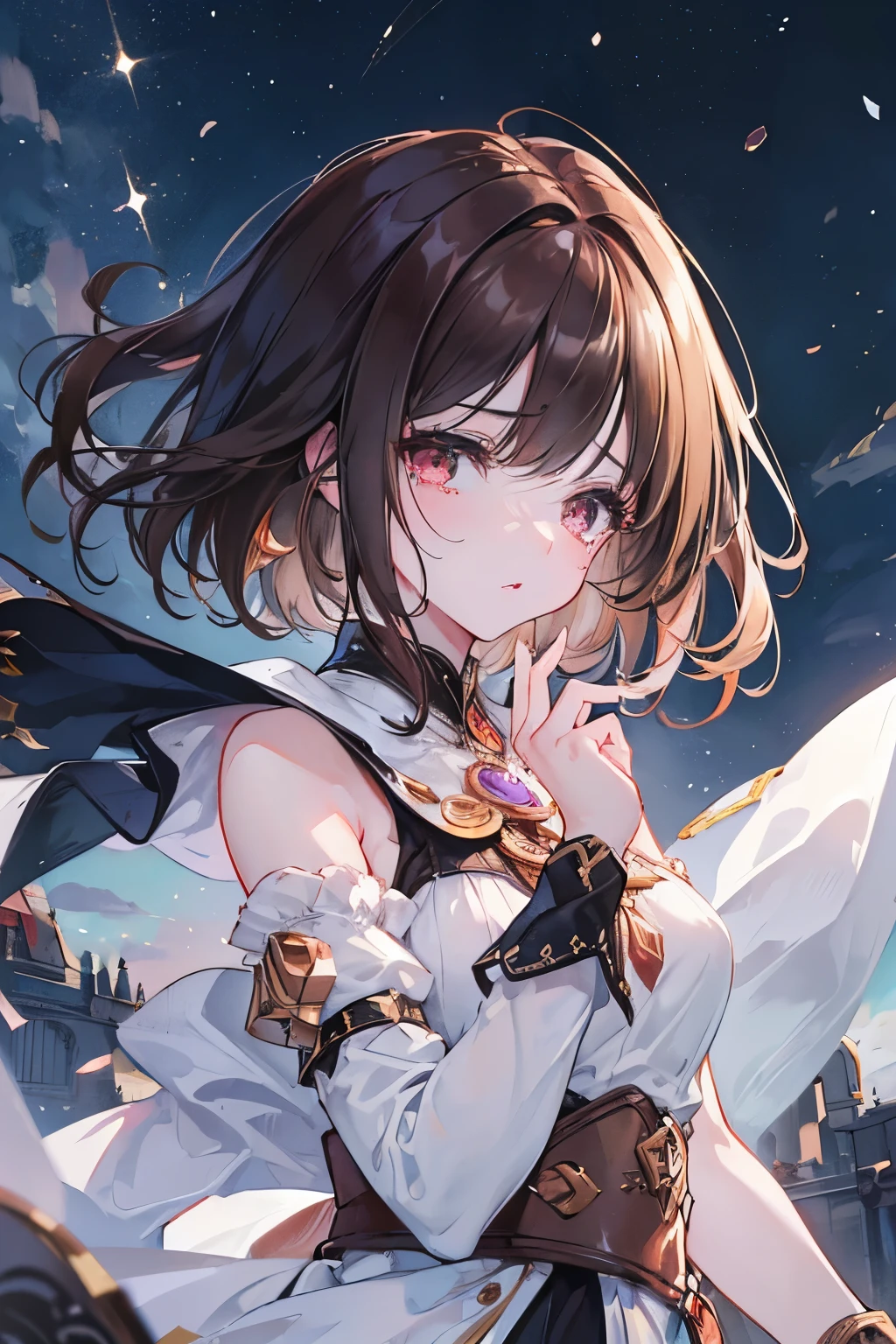 (((masterpeace))), ((8k)), (simple hands:0.5)+(detailed hands:0.7), (masterwork), (best quality), brown hair, brown eyes,1girl, pale skin, brown hair, red eyes, two tone hair, eyelashes, bracelet, crying, gleaming skin, harf wet hair, detailed and majestic stage, raining French town, short Hair, 1 girl, two-tone hair, night sky, Incredibly detailed CG illustration masterpiece, (Caucasian girl with dark brown curly hair, Betrayed、shed tears、