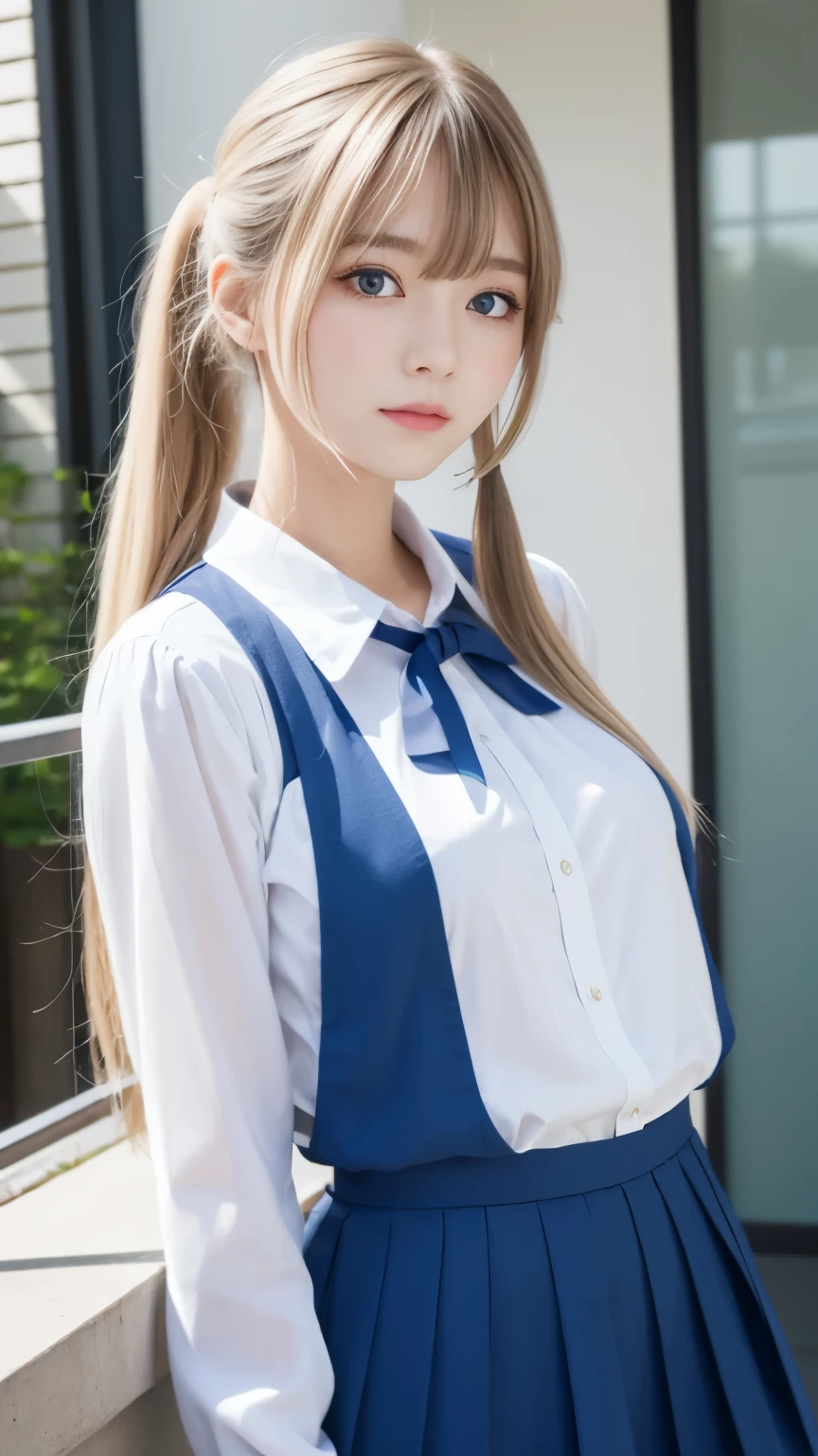 bright look、photorealism、highest quality、超A high resolution、picture、The most beautiful Nordic girls photos、cute and beautiful face details、small face、(Pueros face_V1:0.008)、美しいbangs、alice in wonderland、17 years old、Brilliant white skin、ponytail、顔まで伸びるbangs、bangs、hair between eyes、super long hair、Charming platinum blonde super long silky high hair、light blue eyes、Charming shining beautiful bright clear light blue big eyes、school uniform、、eyeliner、double eyelid、ample breasts