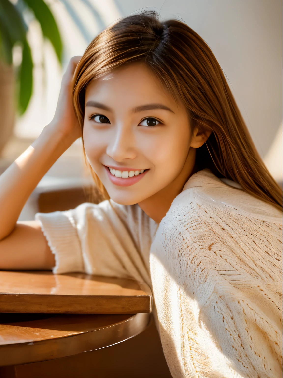 ((Masterpiece, Top image quality, high resolution、alone、shiny skin))(on the table, best quality, actual, super detailed, meticulous, high resolution, 8k wallpaper), Close-up portrait of a beautiful woman, Chariada, smiling, light brown messy hair, Perfect dynamic composition, beautiful meticulous eyes, Just like the cover of a fashion magazine, on campus