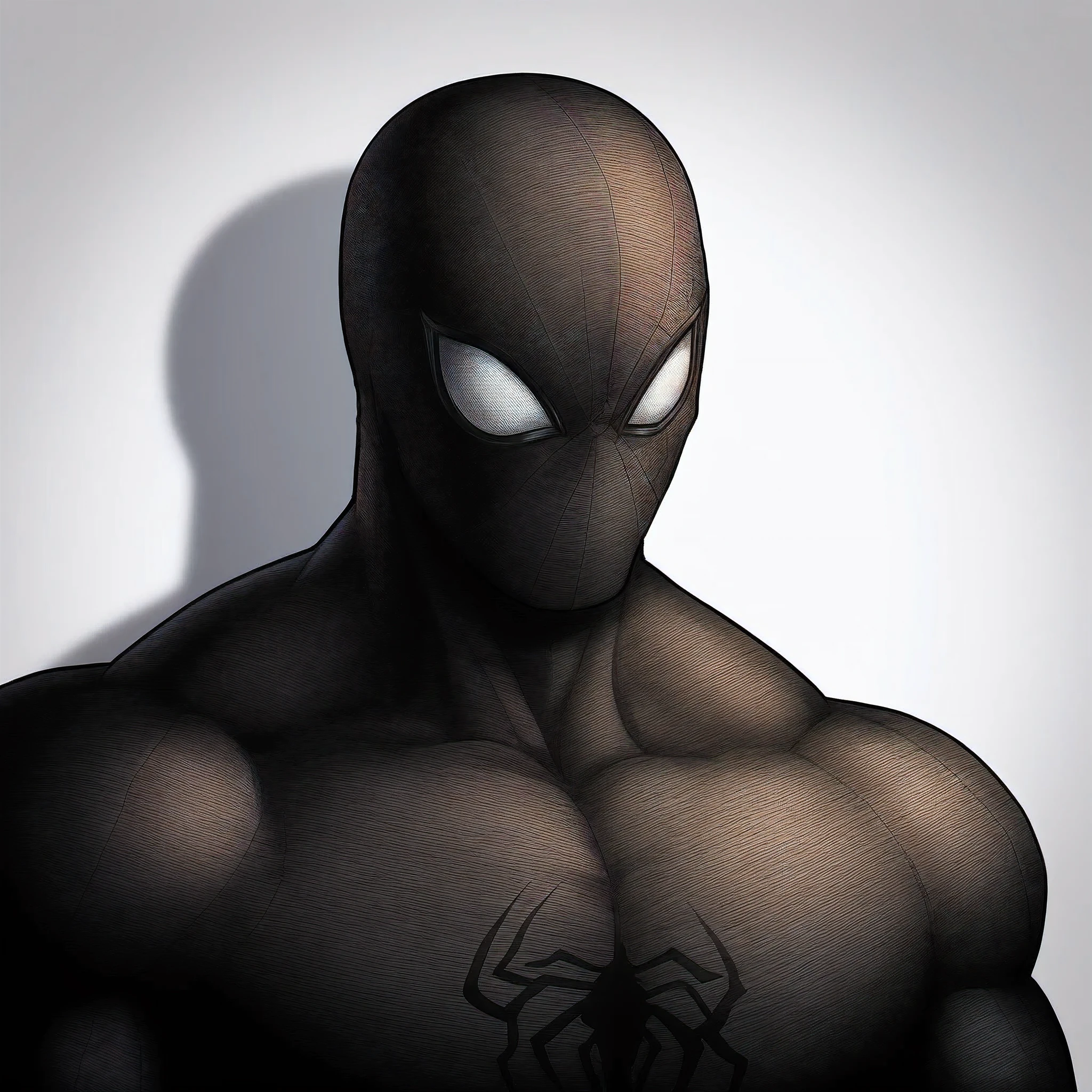 anime characters：Black Spider-Man, Muscular Spider-Man, male focus, No Spider-Man Logo, Upper body, Buzz Cut, eyes are sad shape, He wears a black tights, small grid texture, spiderman mask, Spider-Man logo, muscular male, Extra large breasts, only, alone, White background, simple background, amazing quality, best aesthetics, Ridiculous, crew cut, drop shadow, best quality