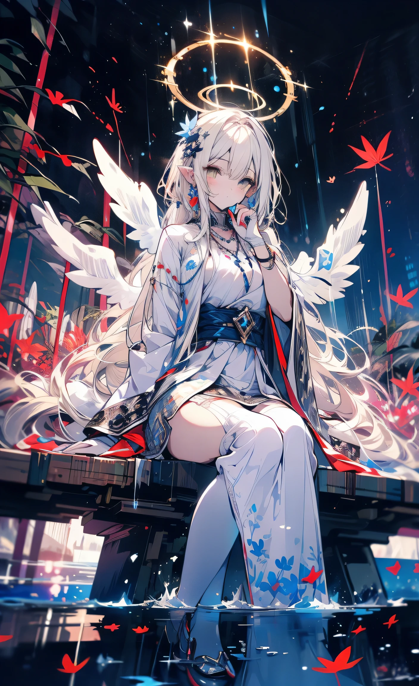 (((masterpiece))), (((best quality)))), official art, Extremely detailed CG unified 8K wallpaper, ((sketch))), night, rain, beautiful detailed sky, galactic,starry sky background,beautiful and delicate water, Game CG, File size is huge, sketch, Report, angelic, long gray hair, combed blonde hair, wet hair, hair between eyes, hair behind ears, Carefree eyes and white eyelashes, yellow eyes, half closed eyes, footwear, halo, Cross necklace, look down, sitting, Hold the long fur, leaf hair accessories, in the woods, lakeside, ((big breasts))), ((( white robe))), long sleeve dynamo, white eye mask, Elf ears and golden wings are more yellow,muse dash