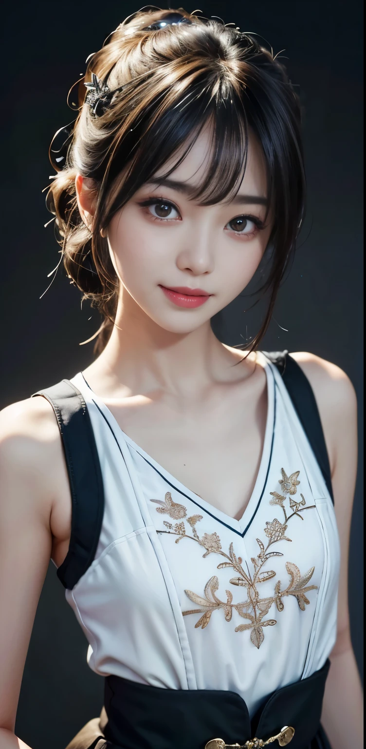 masterpiece, 1 beautiful girl, be familiar with, eye swelling, highest quality, 超High resolution, (reality: 1.4), original photo, 1 girl, cinematic lighting, smile, Japanese, asian beauty, Korean, clean, super beautiful, slightly younger face, beautiful skin, thin, cyberpunk background, (超reality的な), (High resolution), (8K), (非常にbe familiar with), (best illustrations), (beautiful detailed eyes), (超be familiar with), (wallpaper), (be familiar with顔), beholder, small details, be familiar with顔, Pure erotic face ace_V1, smile, 46 point diagonal bangs, look straight ahead, neat clothes, dark eyes, clothes sleeveless, body facing forward,