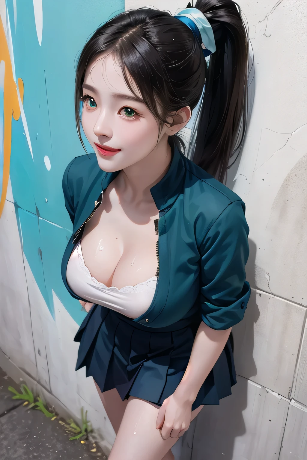 masterpiece, premium quality, Highly detailed CG Unity 8K wallpaper, Super realistic 8kCG, perfect artwork, hourglass body shape, dramatic shadow, (Spotlight, perfect lighting, detailed light, (((1 girl ))), ((sharp face)), ((lead head hair, ponytail hair)), (((sexy pose))), model body shape, I can see your belly button, big and full breasts, ((cute face) ), (smile gently: 1.2), (asymmetrical bangs, beautiful eyelashes, green eyes), beautiful face, (beautiful chest line: 1.2), (cleavage), beautiful girl, Exquisite facial features that represent a perfect face, cold, naturally beautiful, Sweat, light and beautiful texpensive expression., expensive school girl, expensive , sailor suit, pleated skirt, loose socks, In front of a wall full of graffiti, night, (((leaning against the wall, she is standing))), award winning photos, detailed, realistic light and shadow, 8K resolution, professional lighting, (shiny skin:0.9), perfect hands,