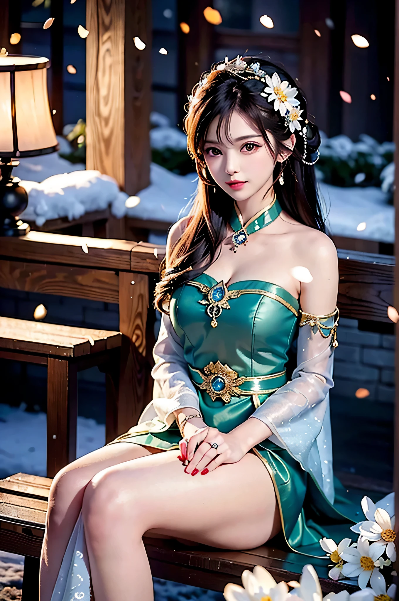 A beautiful and charming woman, leaning alone on a bench, under the light of the fire, her complexion is crystal clear like jade, like a crescent moon, like flowers and trees piled up with snow. When it is tactful, it is glamorous.