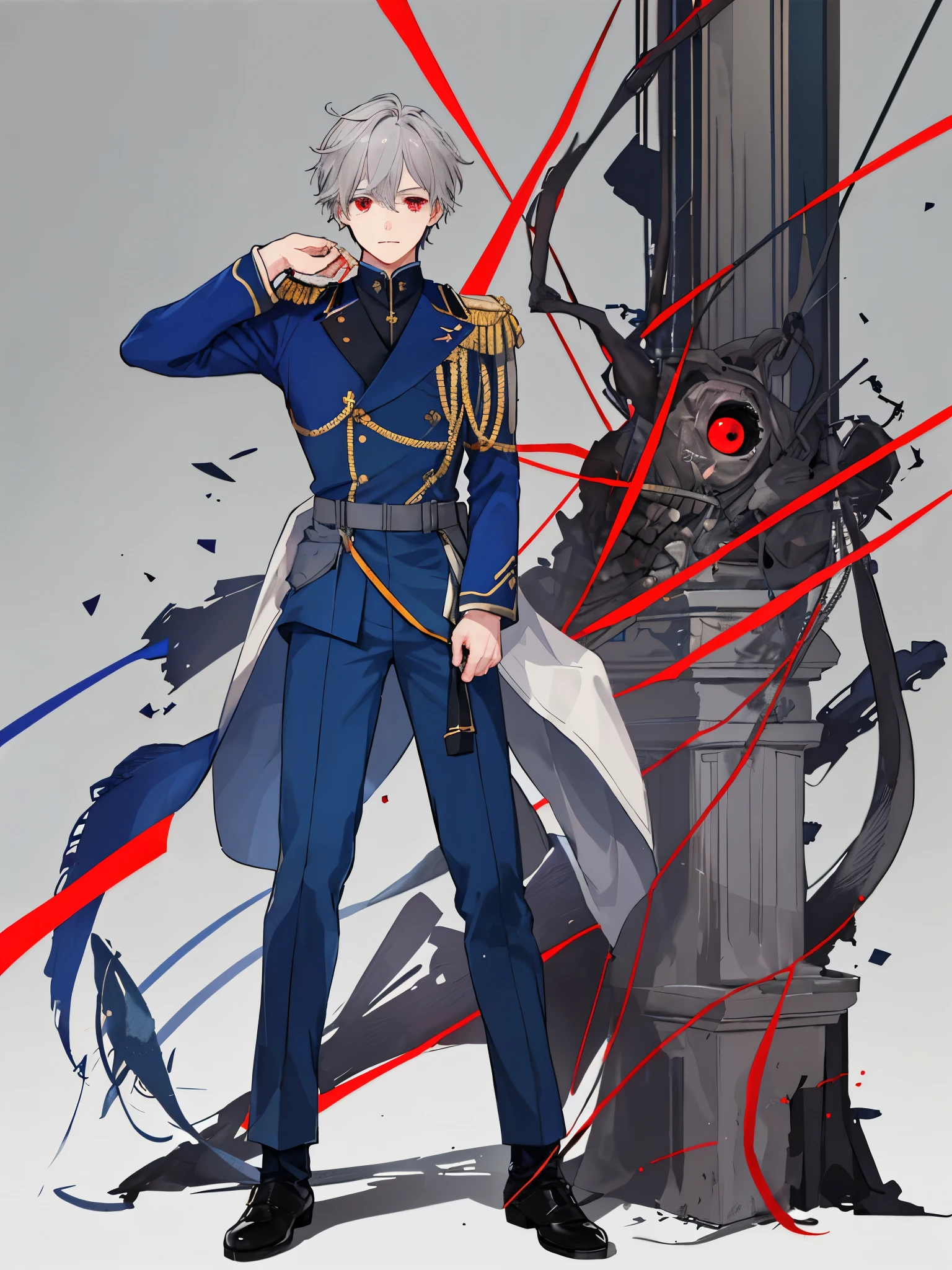 ((Full body)), (a boy), male role, beautiful boy, ((French army uniform)), ((grey hair)), ((a red eye and a blue eyr)), high quality, trousers
