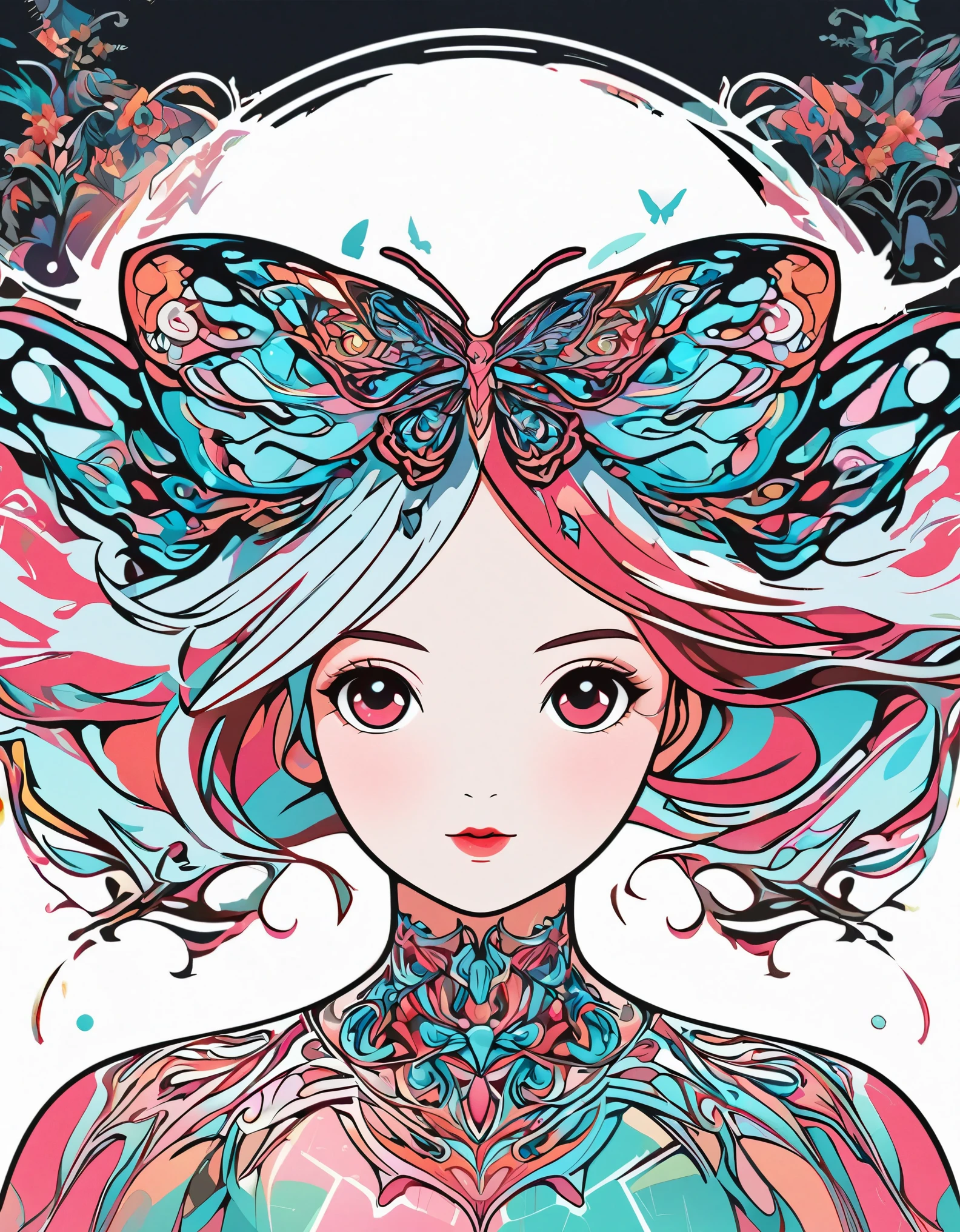 girl，portrait，vector art，vector art：1.2，floral pattern：1.1，geometric elements，sharp lines，X-ray，neon color，beautiful eyes，color palette，line art，Hair and butterfly transformation，Symmetrical balance，Fantasy elements，dreamy atmosphere，Geometric symmetry，soft light，ethereal，White background，Moderate：digital illustration。