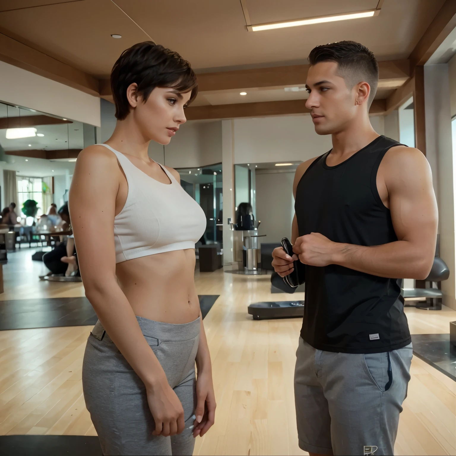 A pretty woman with short hair with a man who talks to her while they are in a restaurant and the woman is dressed to the nines