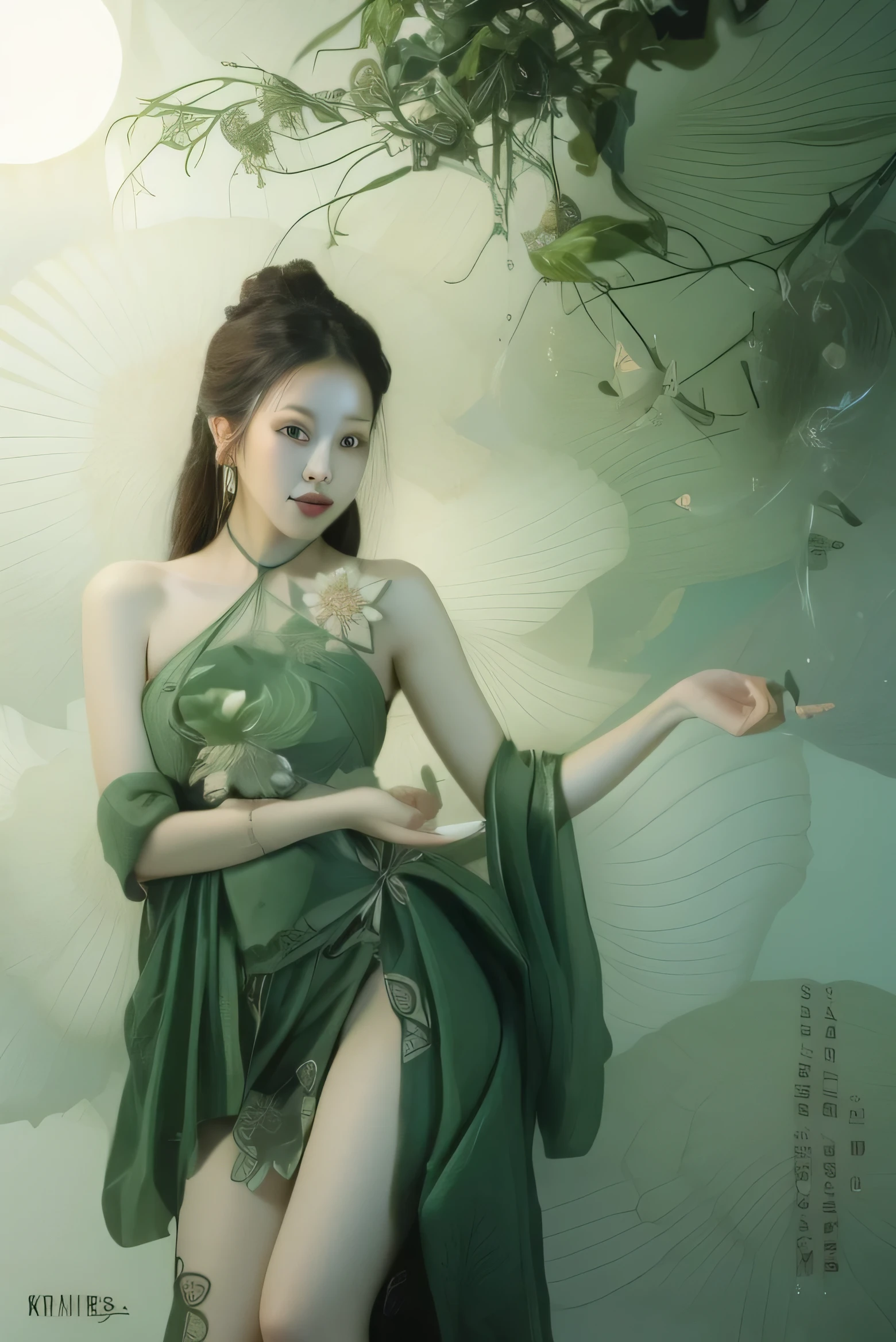 (masterpiece1.2),(best quality:1.2),highres,extremely detailed 8k wallpaper,very clear,realistic,1girl,full body,legs,bare thigh,(rainy),(soft smile),bare shoulders,chest covered by lotus_leaf,cleavage,collarbone,neck,(foggy,mist),earrings,solo,white (lotus flowers),black hair,looking at viewer,long hair,portrait,lips,hair bun,makeup,expressionless,black eyes,tender green,(lotus leaves),DOF,soft light,gongbi color ink style,