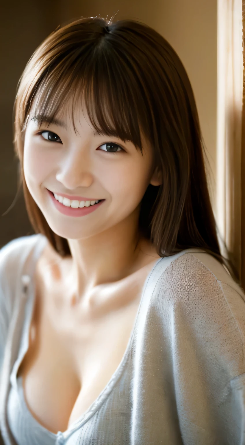 masterpiece,best quality,(Japanese ),((Beautiful girl)),cleavage,indoor,(perfect body beauty:1.2),(shy smile),beautiful teeth,