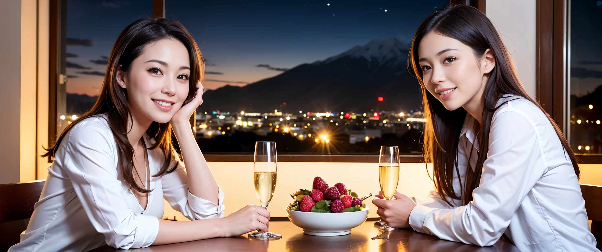 K, Hmm, highest quality, masterpiece: 1.2), (realistic, photorealistic: 1.37), Spectacular view of the sunset sky and clouds、Fumino Kimura、Amazing mountain views、ニコニコ明るいsmile、3 slim beauties, (slim face),Happy、 the best smile、Fox face、Berry Short、(because I&#39;thin), (brown hair), (shortcut), long sleeve shirt、winter fashion、Japanese、Dutch、German、Portuguese、Belgian、Italian、French,Champagne、sparkling wine、 (squirt), (slim body), (brown hair), (shortcut), neat beauty、cheeks turn a little red, (42 years old), 38 years old, alone, A beautiful and detailed night view spreads out outside the window....., restaurant, wine glass is sitting, At night, in a prominent place (from the Upper body) nova frog style, actress, model, Upper body, White wine, slim, wine glass, Very beautiful night view, wine glass Put in the Middle, Happy smile, (smile: 1.15), 